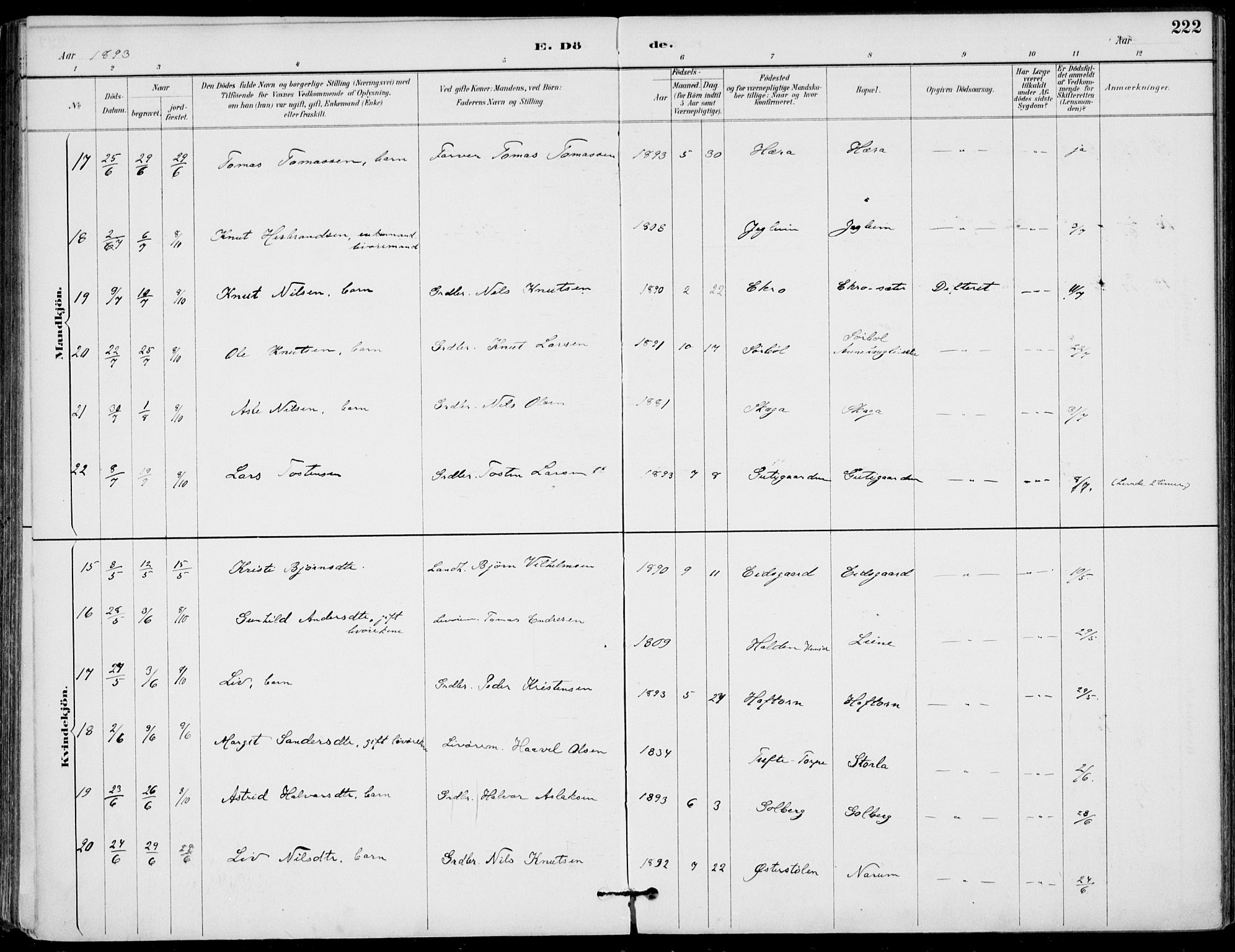 Gol kirkebøker, AV/SAKO-A-226/F/Fa/L0005: Parish register (official) no. I 5, 1887-1900, p. 222