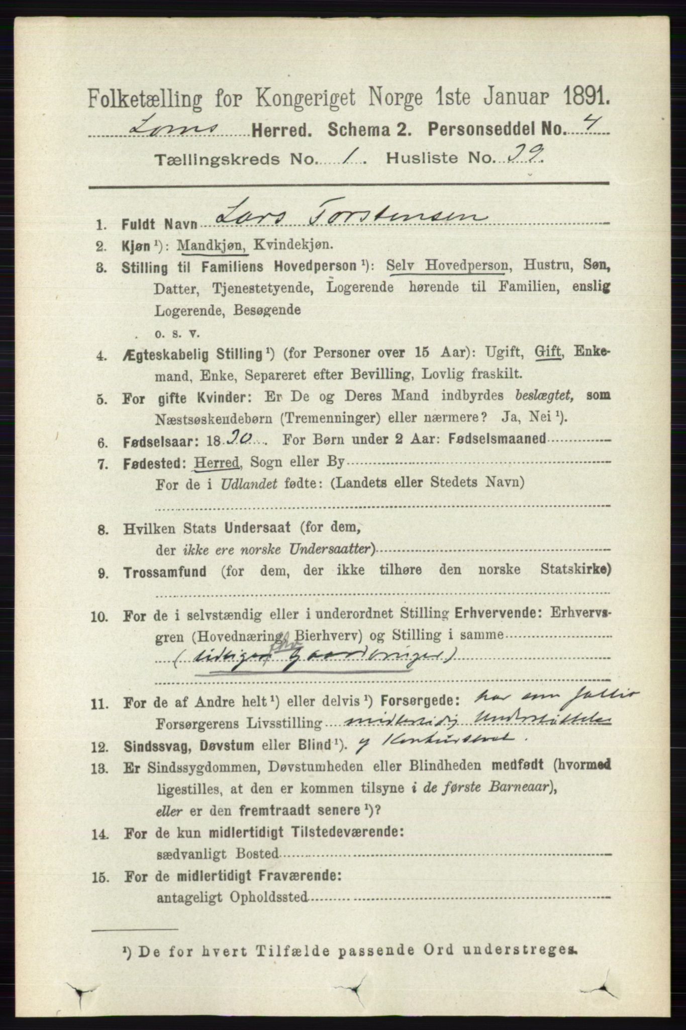 RA, 1891 census for 0514 Lom, 1891, p. 339