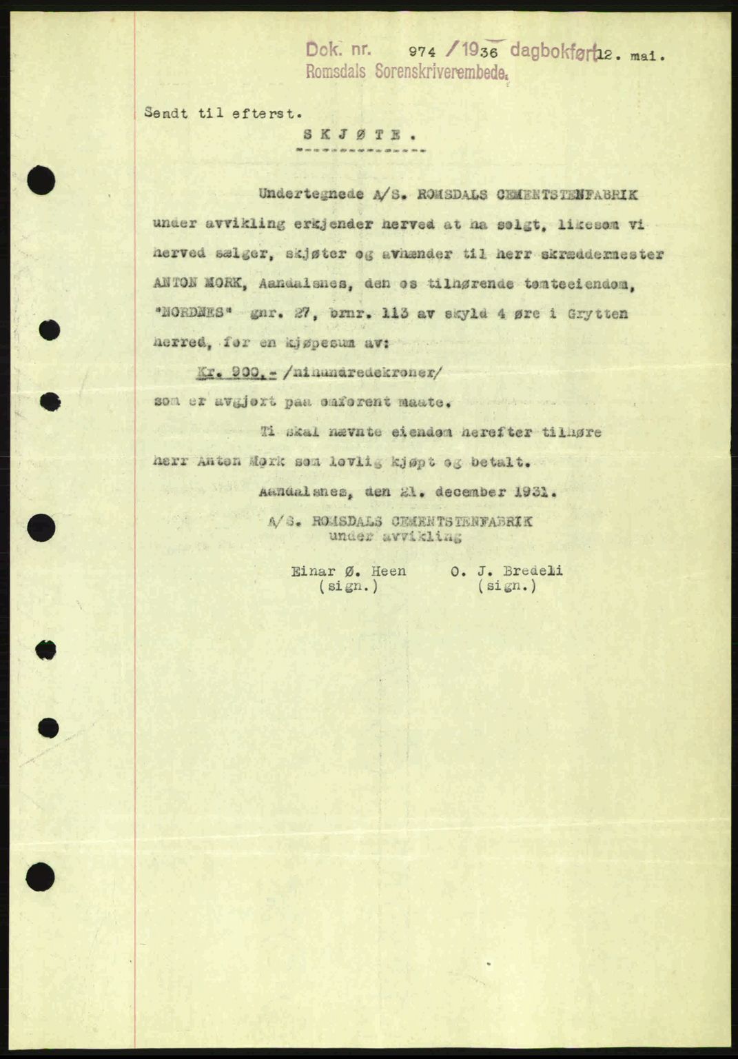 Romsdal sorenskriveri, AV/SAT-A-4149/1/2/2C: Mortgage book no. A1, 1936-1936, Diary no: : 974/1936