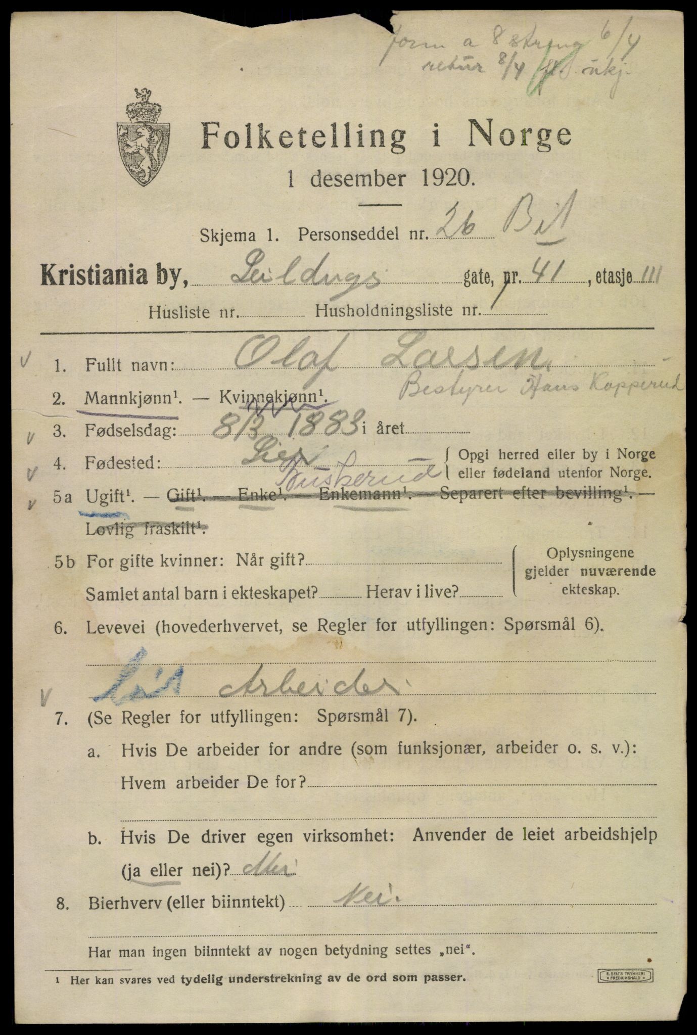 SAO, 1920 census for Kristiania, 1920, p. 508887