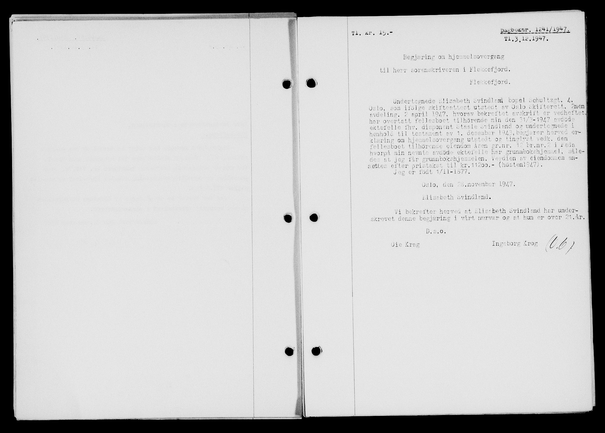 Flekkefjord sorenskriveri, AV/SAK-1221-0001/G/Gb/Gba/L0063: Mortgage book no. A-11, 1947-1948, Diary no: : 1241/1947