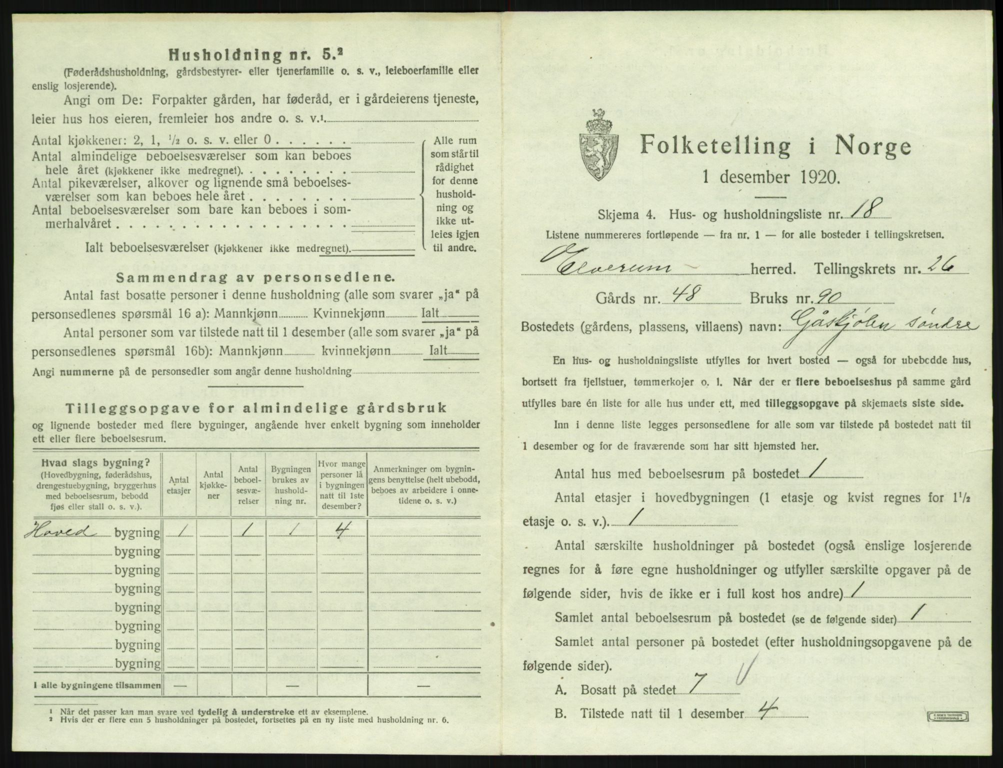 SAH, 1920 census for Elverum, 1920, p. 3772