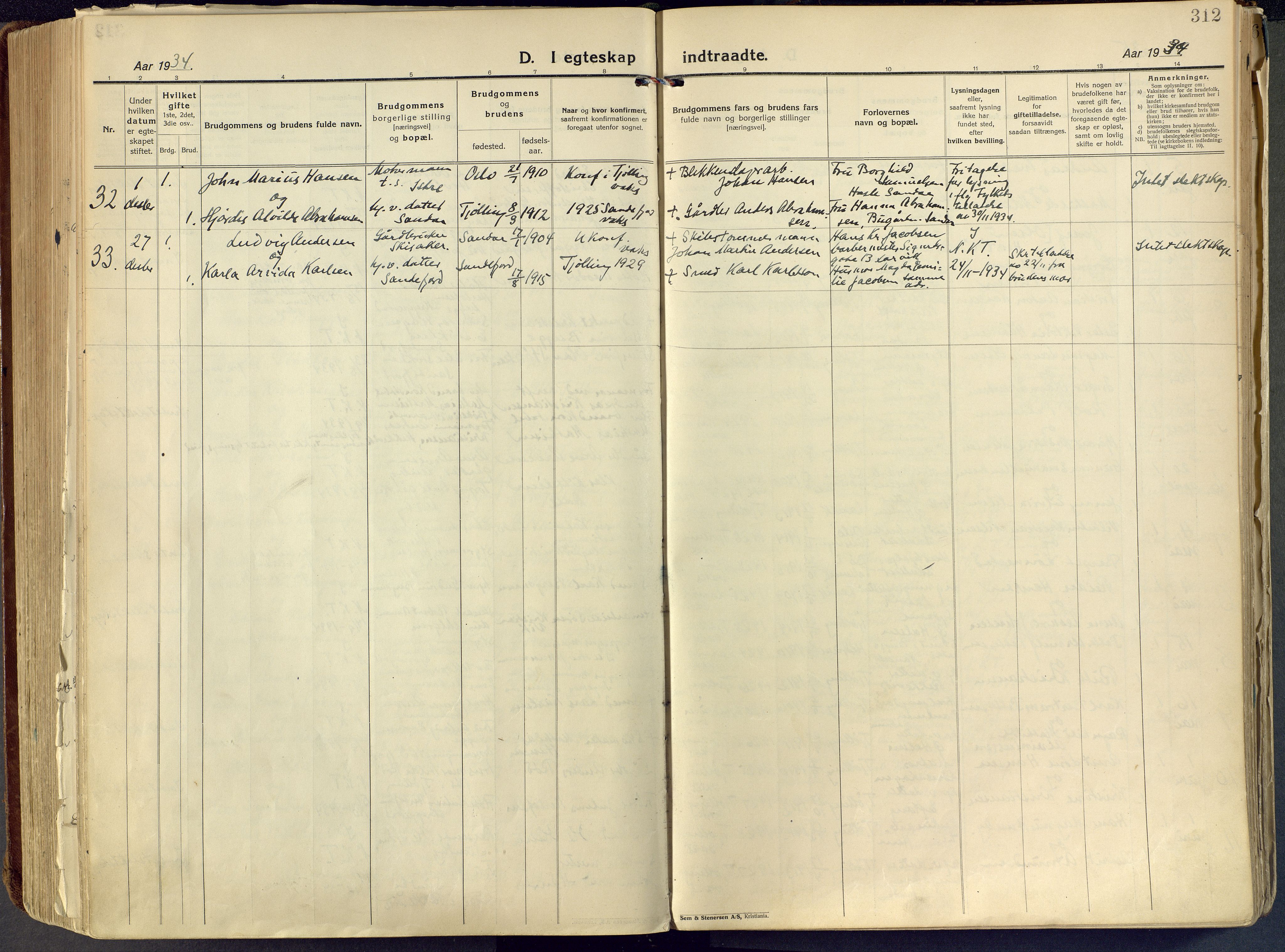 Tjølling kirkebøker, AV/SAKO-A-60/F/Fa/L0011: Parish register (official) no. 11, 1924-1943, p. 312