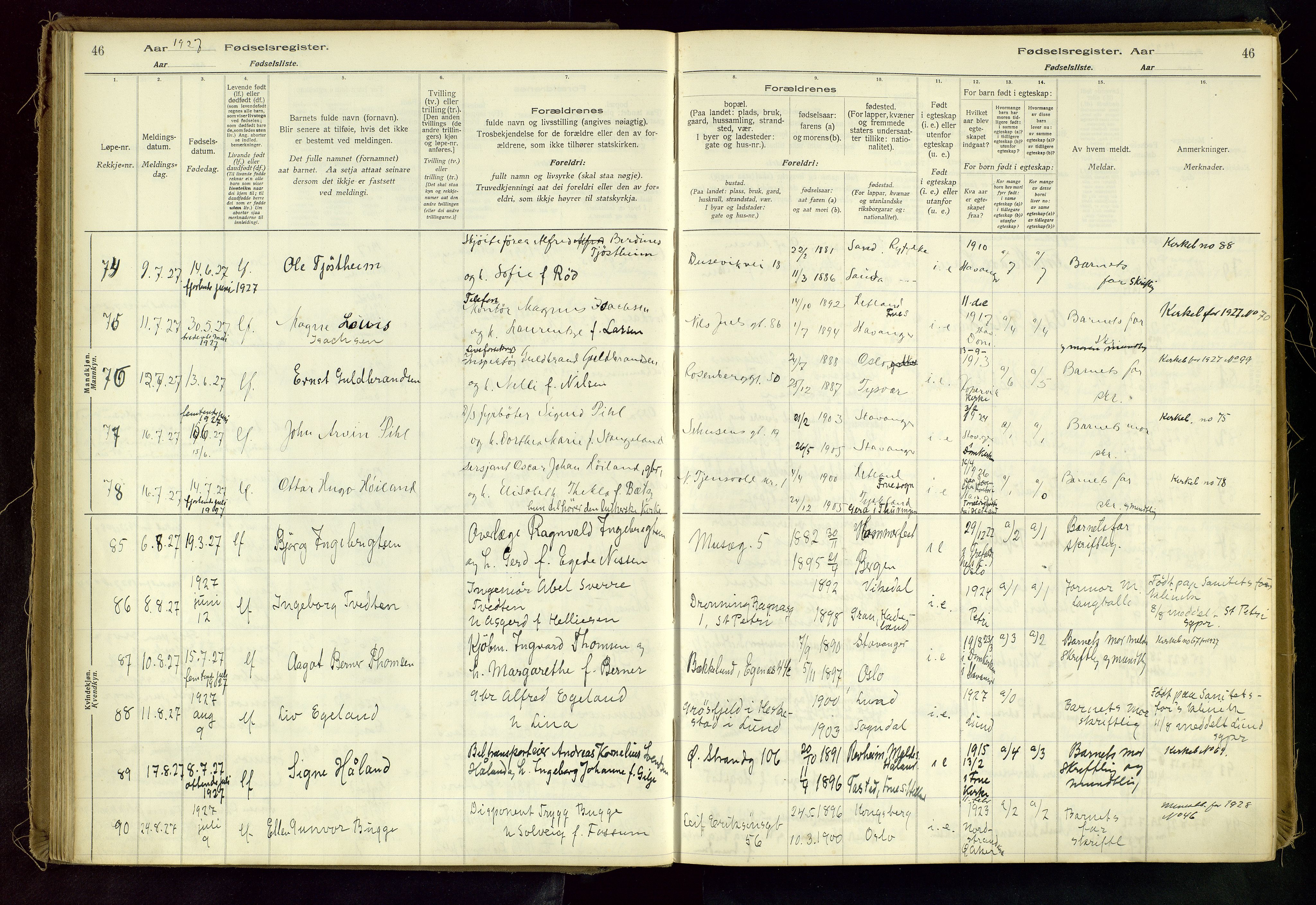 Domkirken sokneprestkontor, AV/SAST-A-101812/002/A/L0001: Birth register no. 1, 1925-1932, p. 46