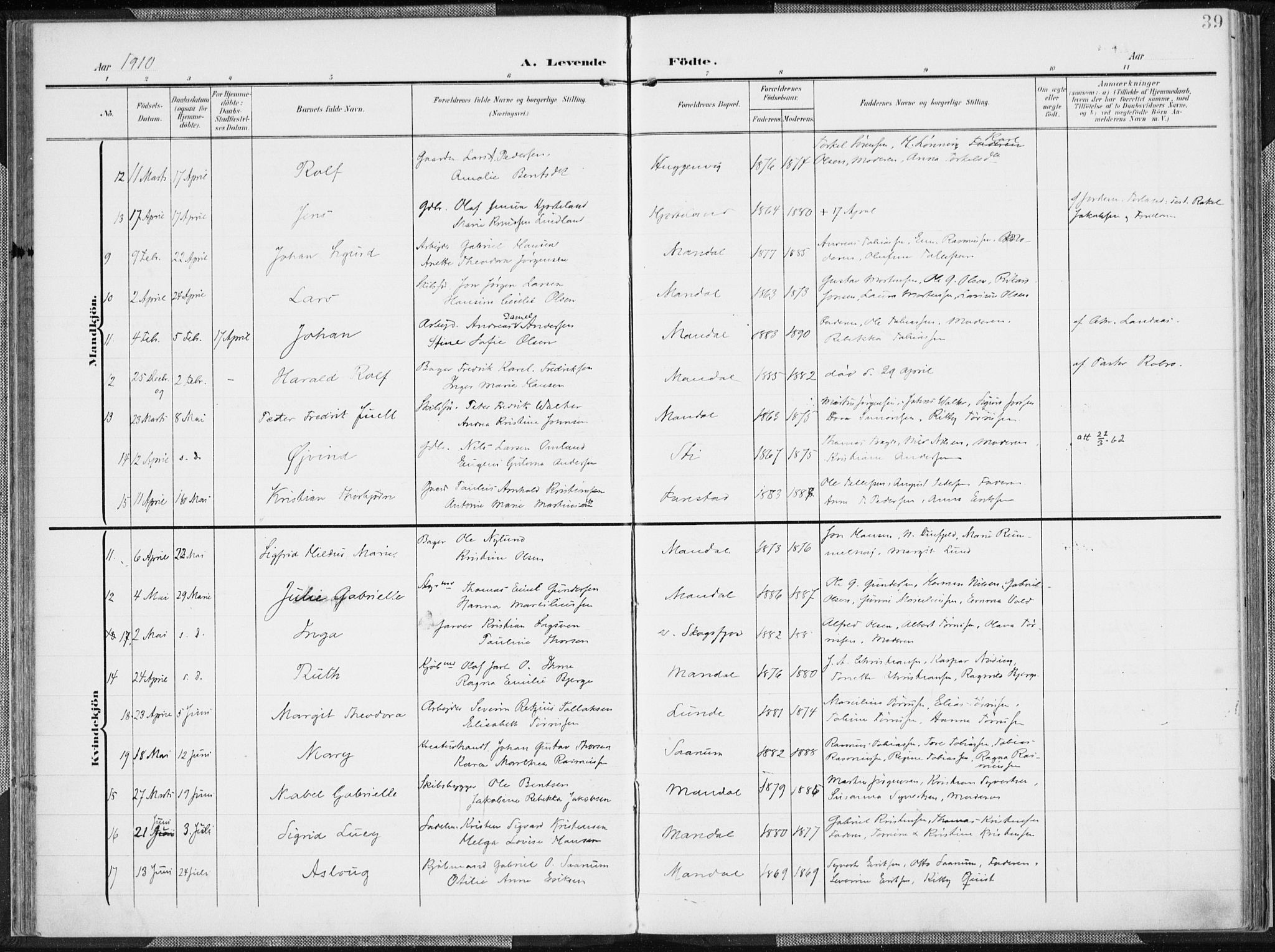 Mandal sokneprestkontor, AV/SAK-1111-0030/F/Fa/Faa/L0020: Parish register (official) no. A 20, 1906-1912, p. 39