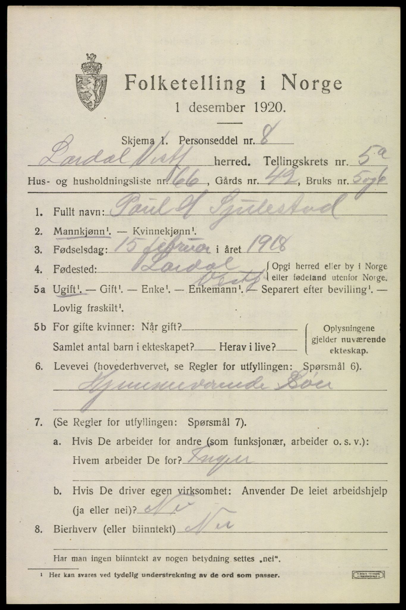 SAKO, 1920 census for Lardal, 1920, p. 5203