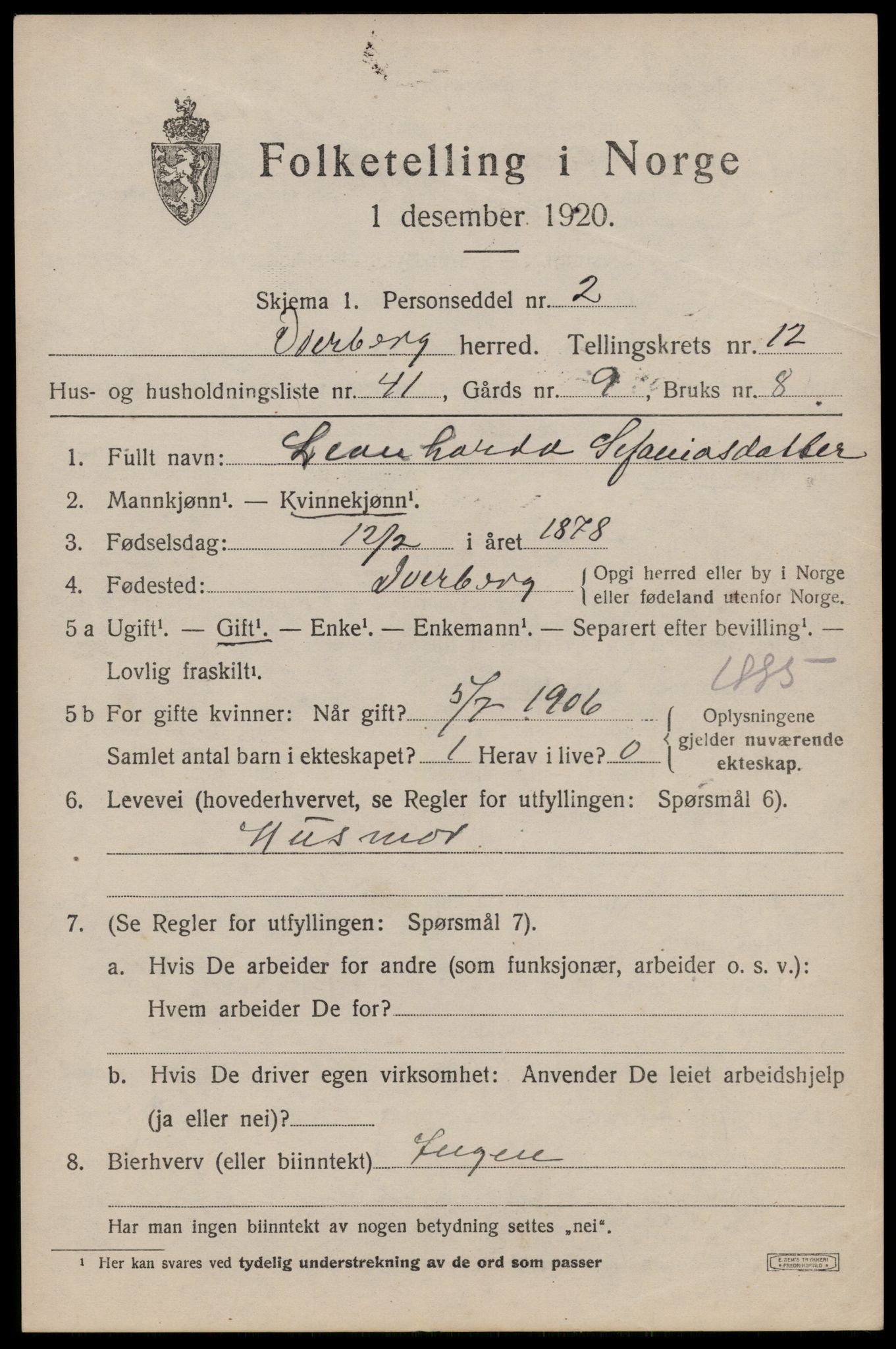 SAT, 1920 census for Dverberg, 1920, p. 9890