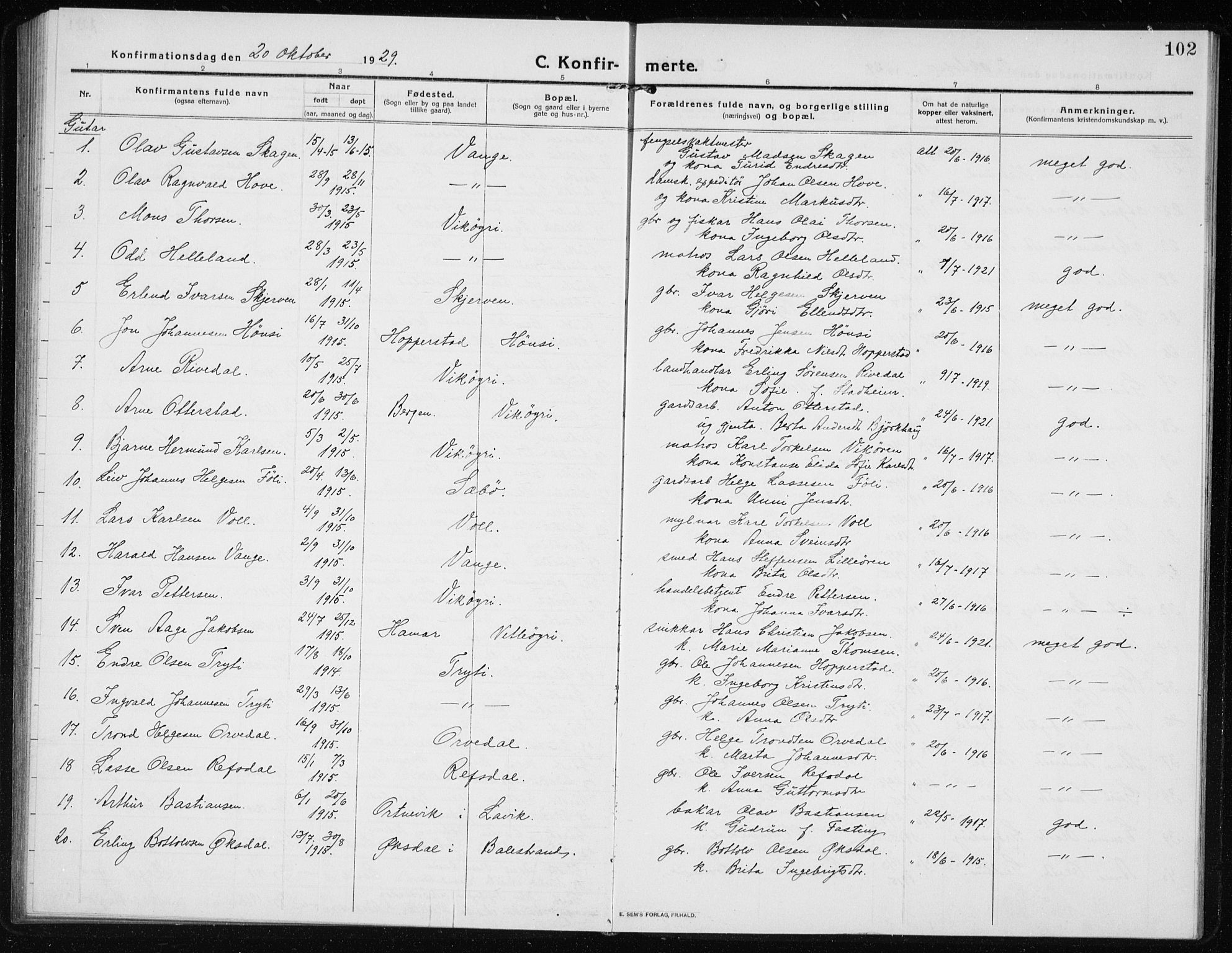 Vik sokneprestembete, SAB/A-81501: Parish register (copy) no. A 5, 1915-1935, p. 102