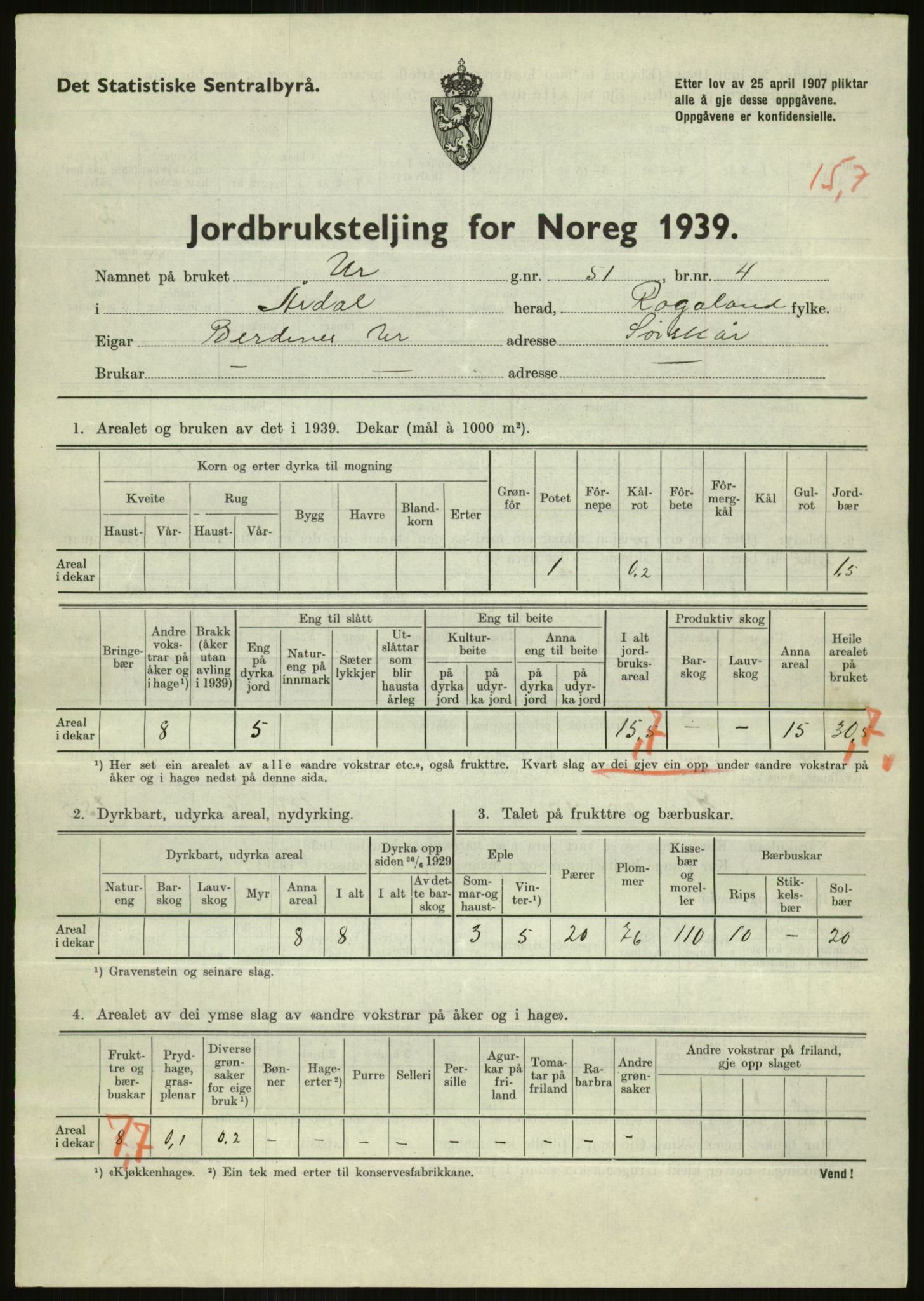 Statistisk sentralbyrå, Næringsøkonomiske emner, Jordbruk, skogbruk, jakt, fiske og fangst, AV/RA-S-2234/G/Gb/L0184: Rogaland: Årdal, Fister og Hjelmeland, 1939, p. 485