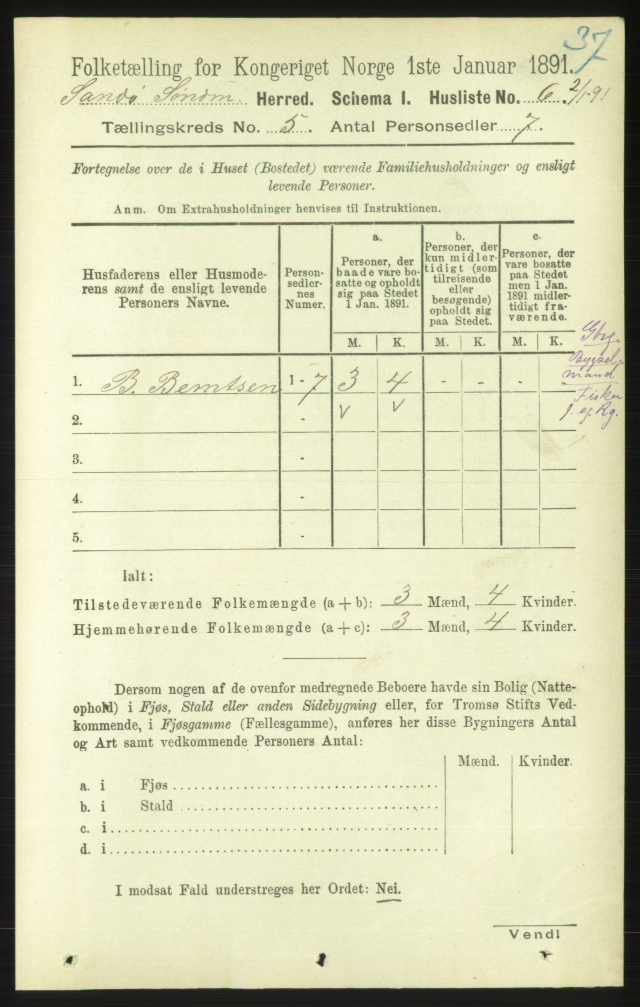 RA, 1891 census for 1514 Sande, 1891, p. 654