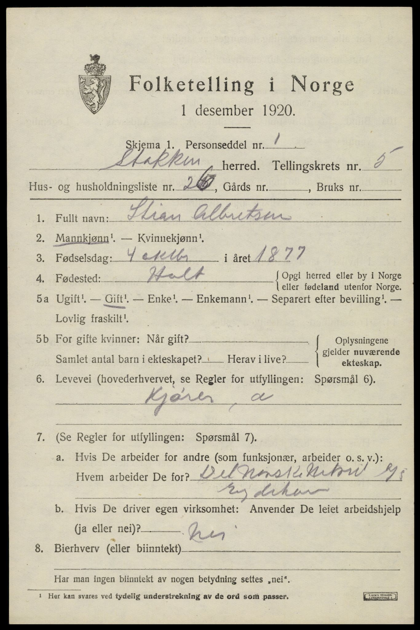 SAK, 1920 census for Stokken, 1920, p. 3700