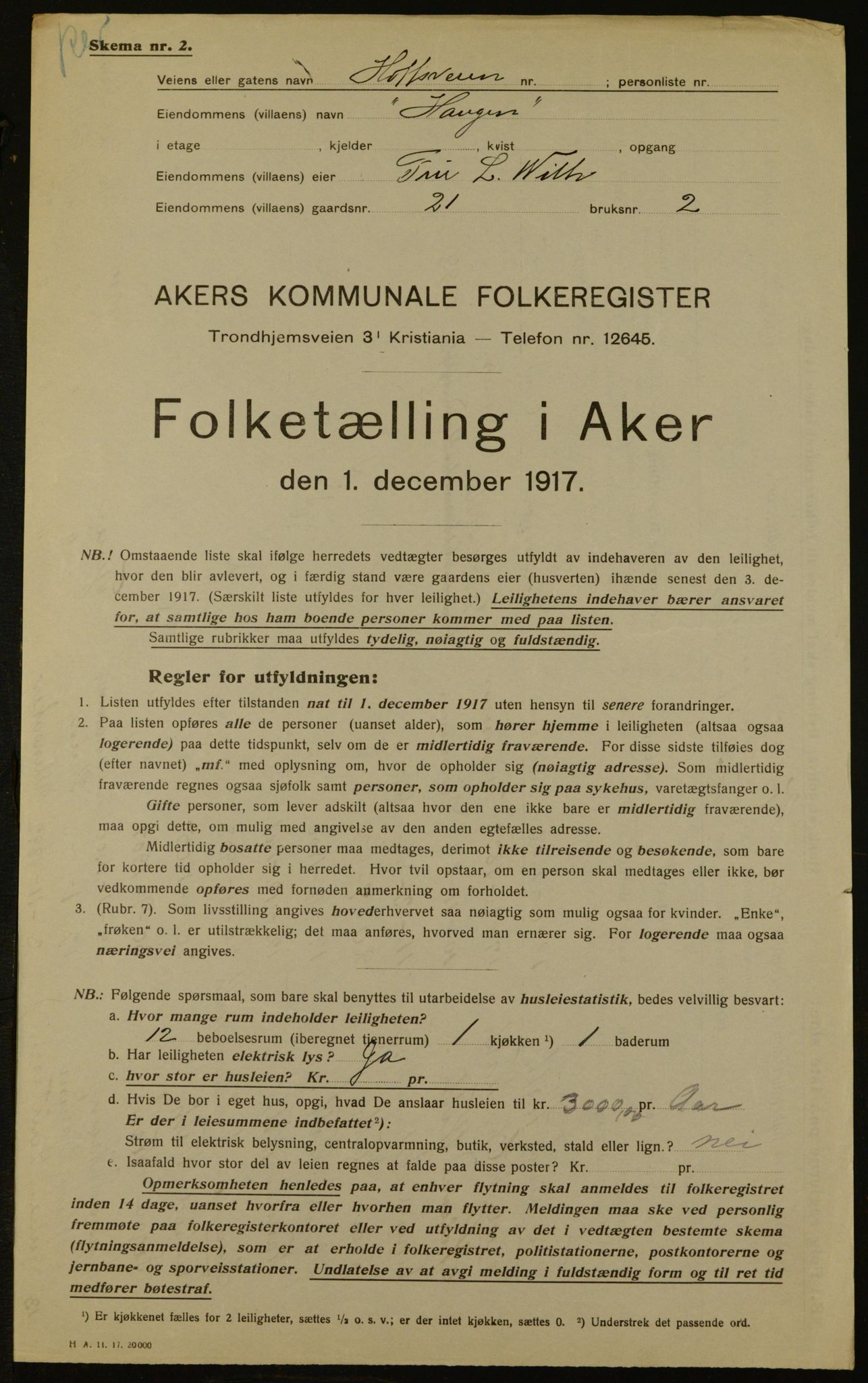 OBA, Municipal Census 1917 for Aker, 1917, p. 4249