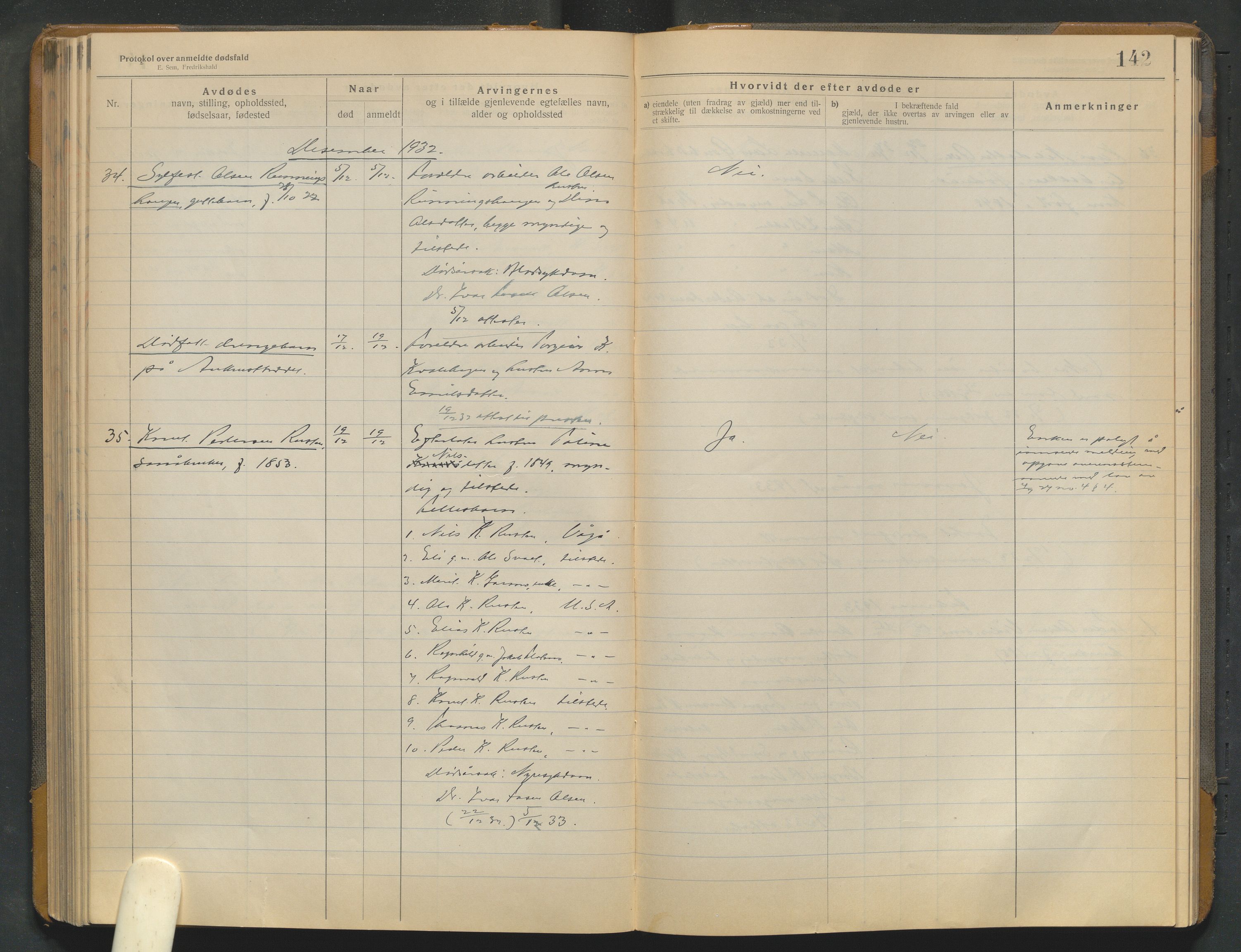 Lom lensmannskontor, SAH/PGL-006/H/Ha/Haa/L0001/0004: Dødsfallsprotokoller / Dødsfallsprotokoll, 1922-1937, p. 142