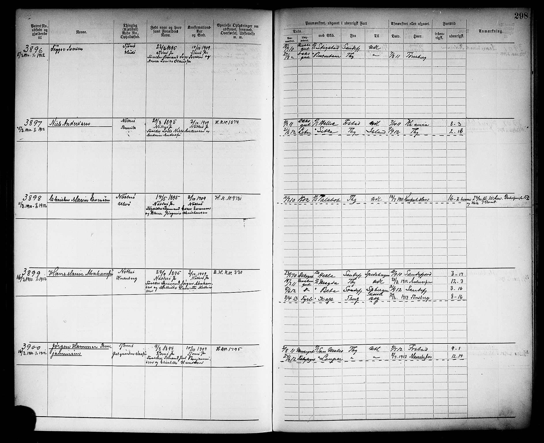 Tønsberg innrulleringskontor, SAKO/A-786/F/Fb/L0009: Annotasjonsrulle Patent nr. 2406-4085, 1904-1910, p. 301