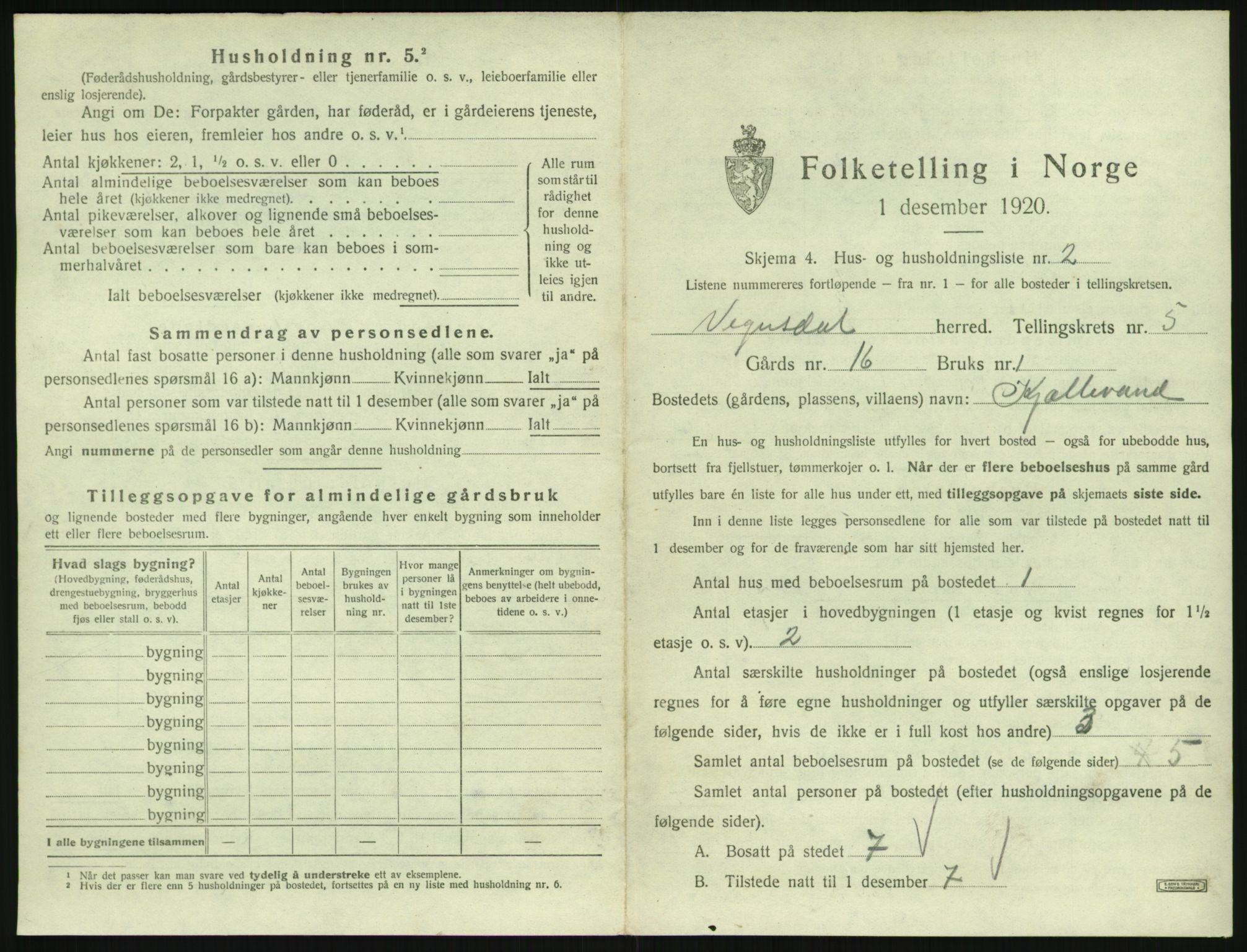 SAK, 1920 census for Vegusdal, 1920, p. 207