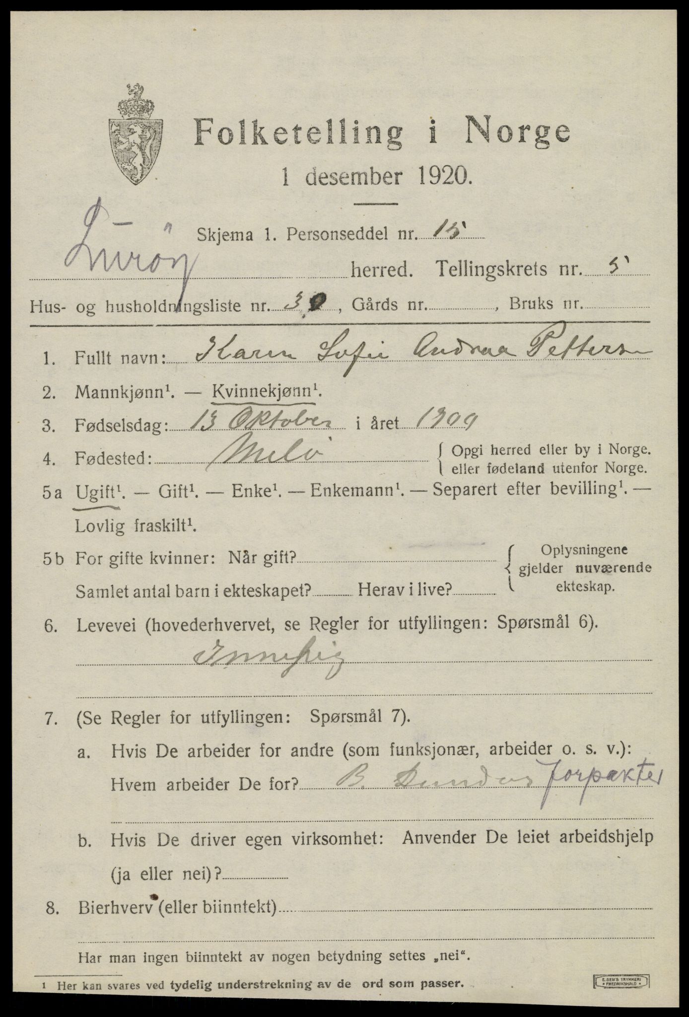 SAT, 1920 census for Lurøy, 1920, p. 2945