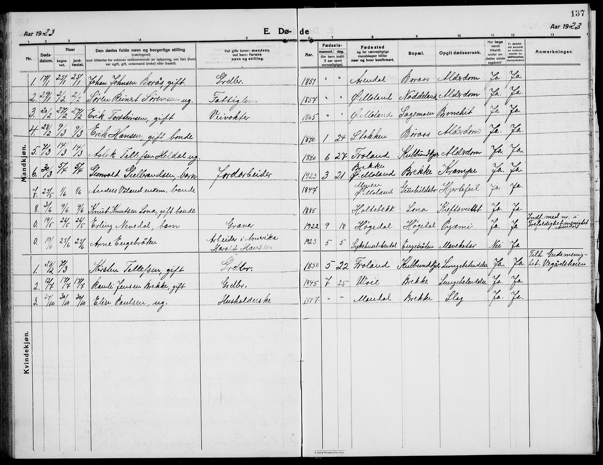 Austre Moland sokneprestkontor, SAK/1111-0001/F/Fb/Fba/L0005: Parish register (copy) no. B 4b, 1914-1935, p. 137