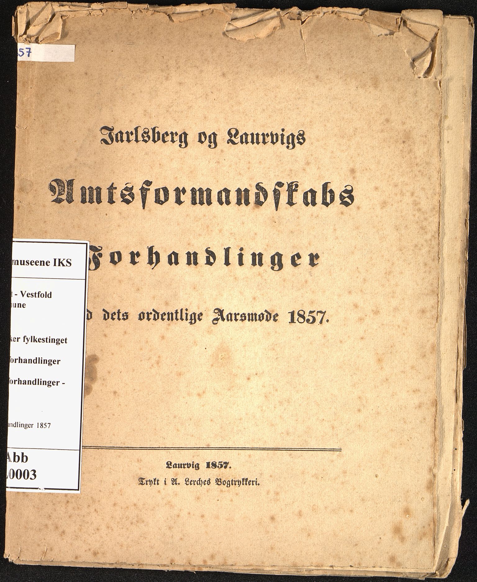 Vestfold fylkeskommune. Fylkestinget, VEMU/A-1315/A/Ab/Abb/L0003: Fylkestingsforhandlinger, 1857