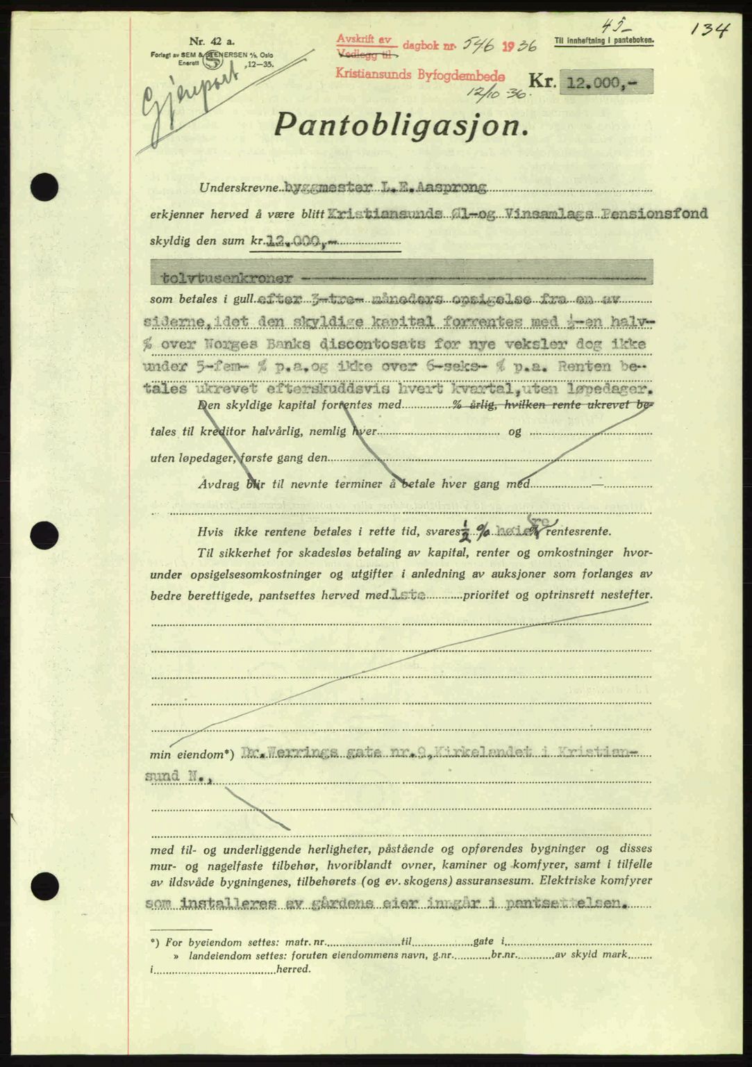 Kristiansund byfogd, AV/SAT-A-4587/A/27: Mortgage book no. 29, 1936-1937, Diary no: : 546/1936