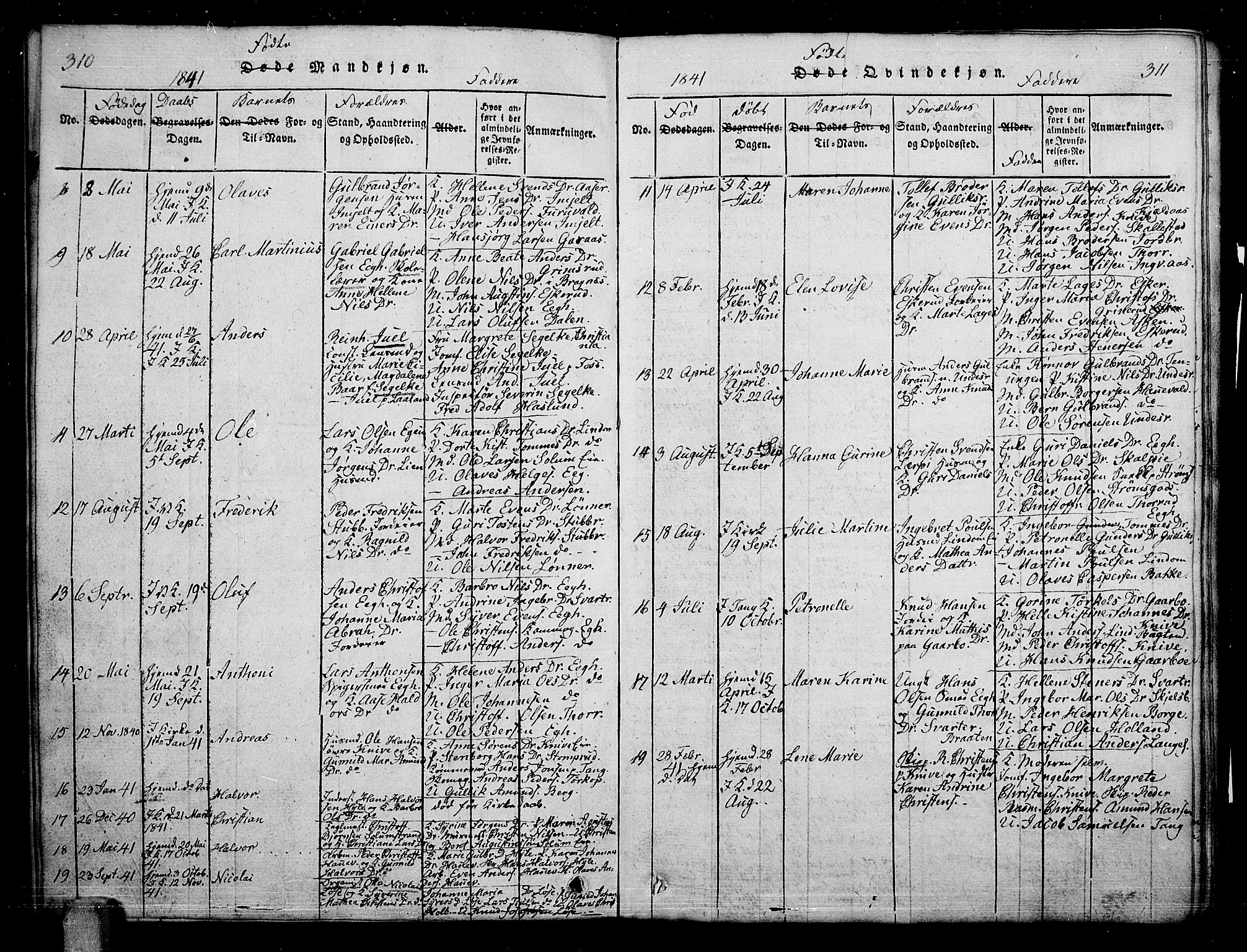 Skoger kirkebøker, AV/SAKO-A-59/G/Ga/L0001: Parish register (copy) no. I 1, 1814-1845, p. 310-311