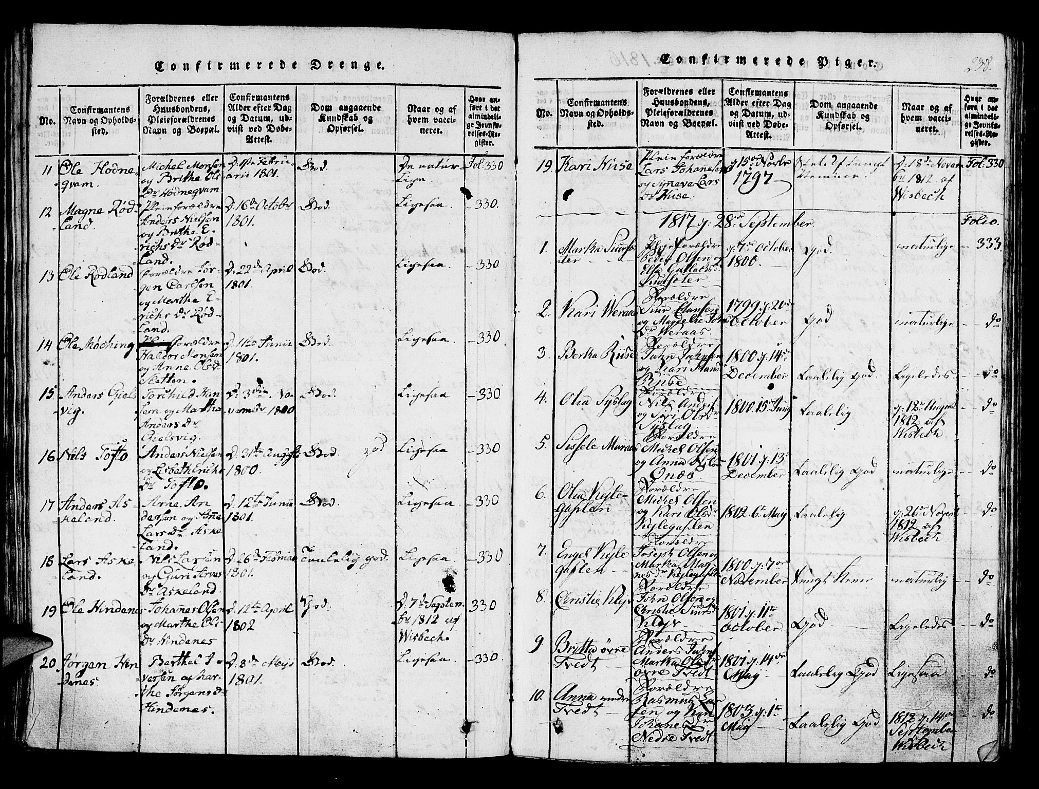 Lindås Sokneprestembete, SAB/A-76701/H/Haa: Parish register (official) no. A 7, 1816-1823, p. 238