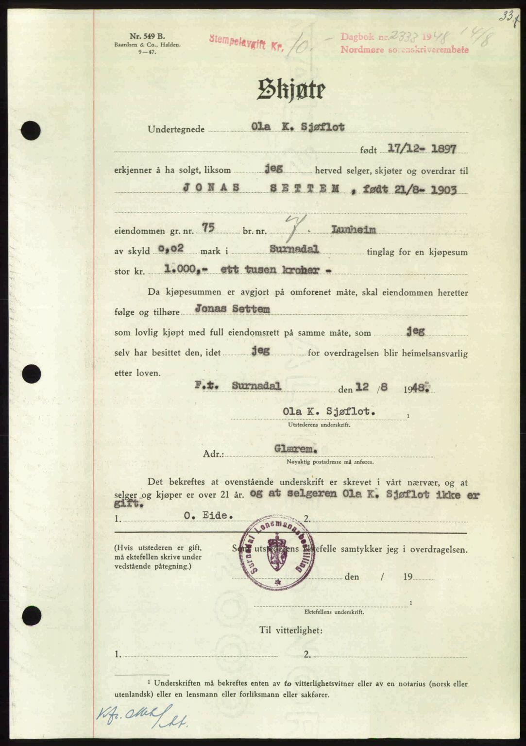 Nordmøre sorenskriveri, AV/SAT-A-4132/1/2/2Ca: Mortgage book no. A109, 1948-1948, Diary no: : 2333/1948