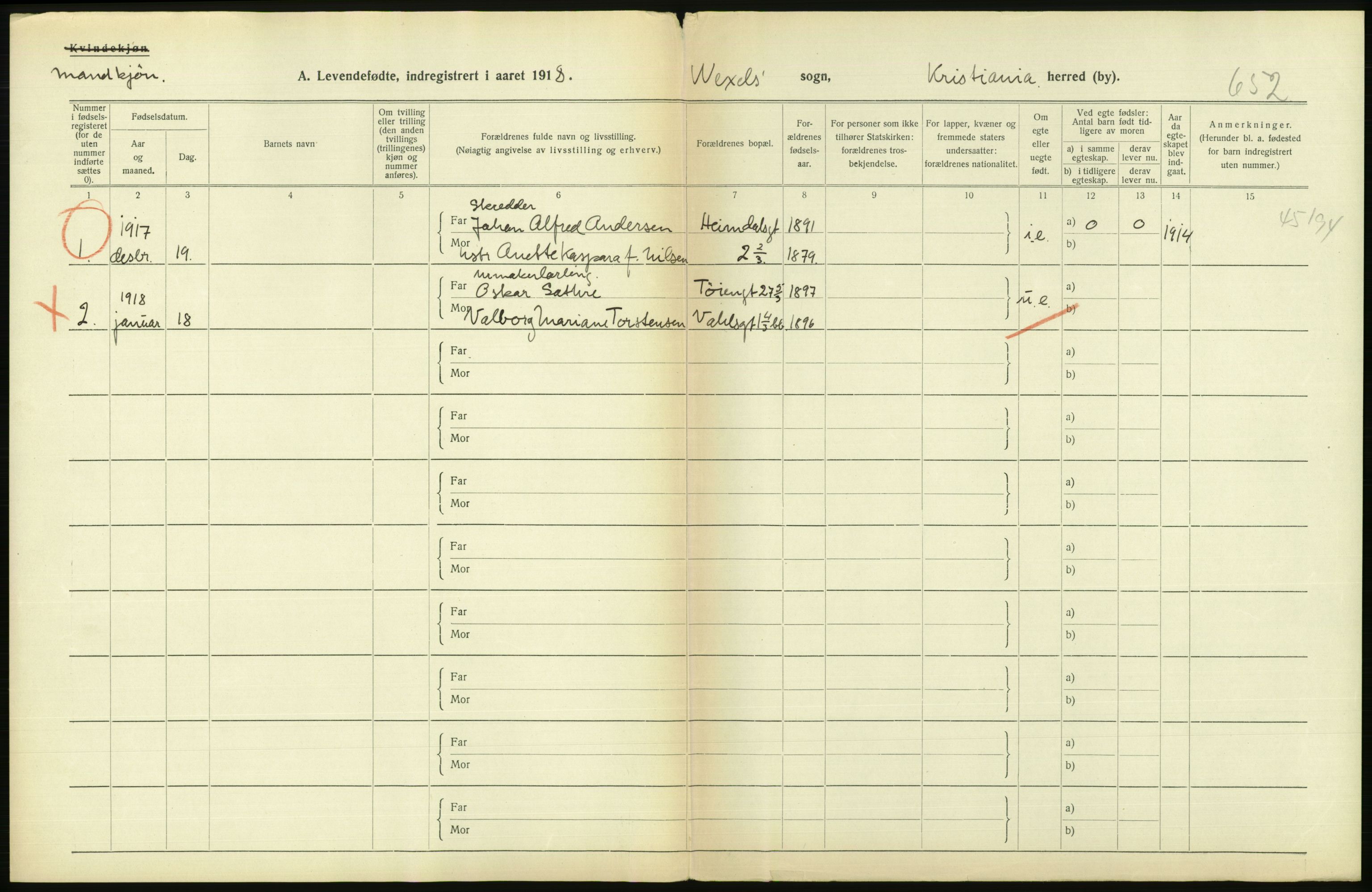 Statistisk sentralbyrå, Sosiodemografiske emner, Befolkning, AV/RA-S-2228/D/Df/Dfb/Dfbh/L0008: Kristiania: Levendefødte menn og kvinner., 1918, p. 782