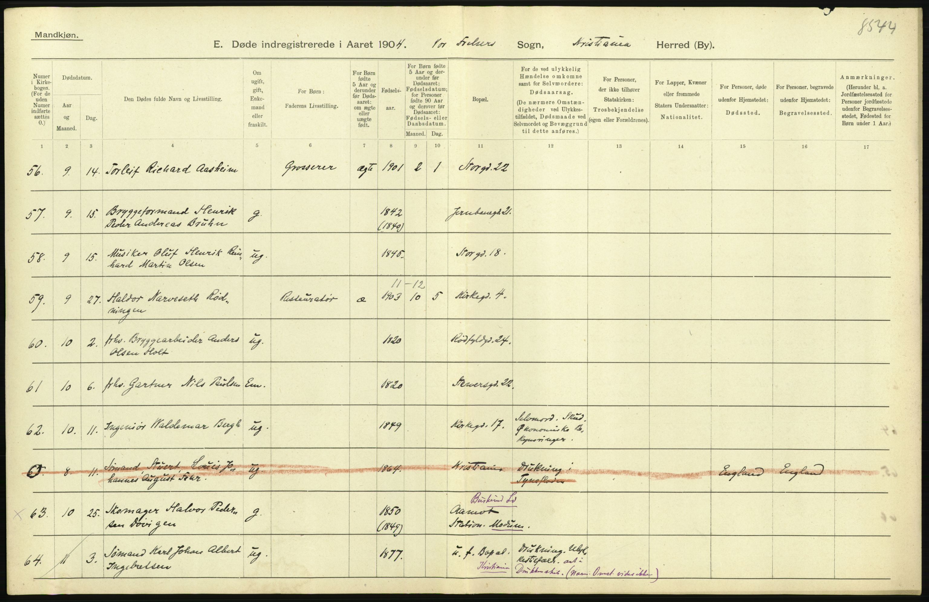 Statistisk sentralbyrå, Sosiodemografiske emner, Befolkning, AV/RA-S-2228/D/Df/Dfa/Dfab/L0004: Kristiania: Gifte, døde, 1904, p. 477