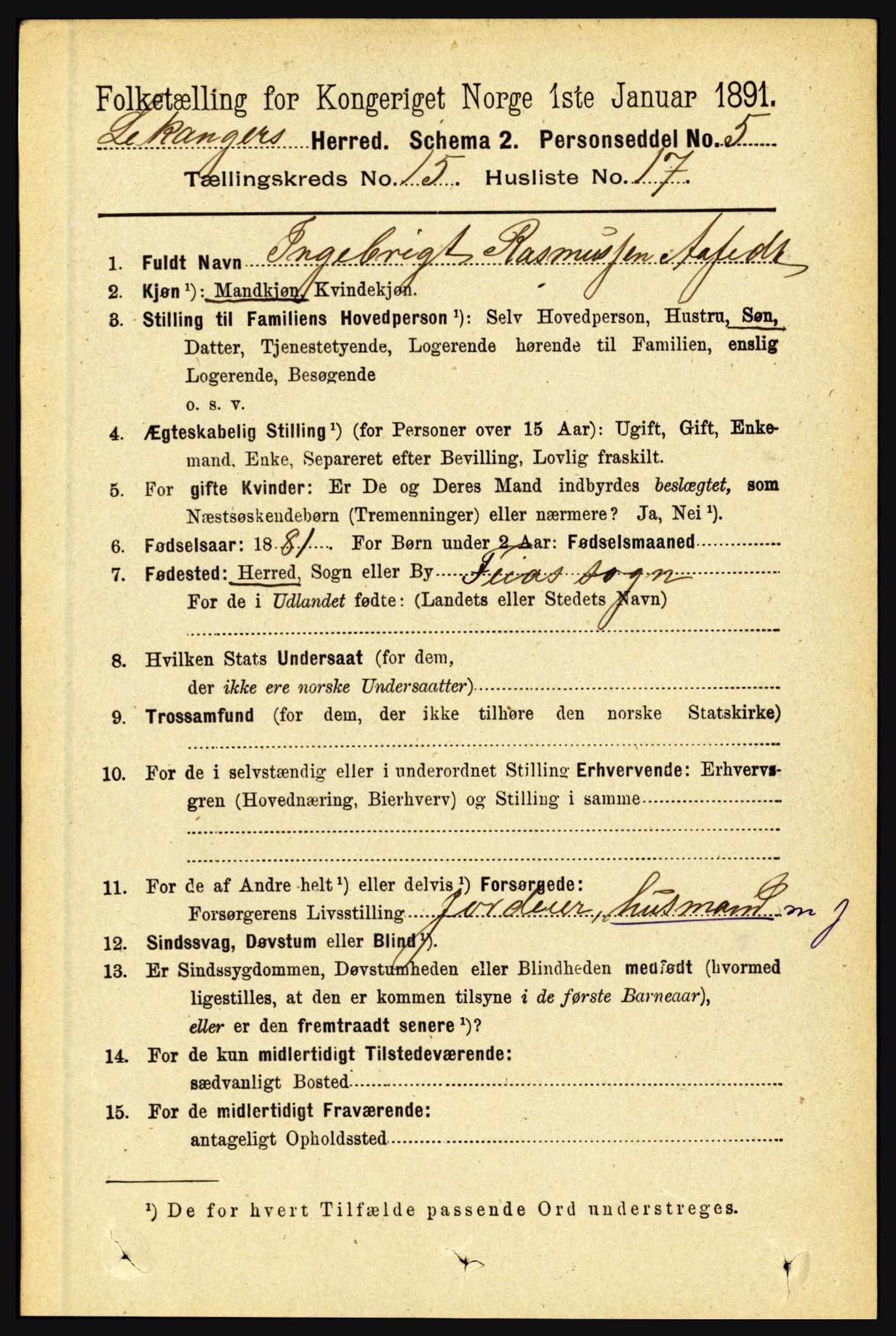 RA, 1891 census for 1419 Leikanger, 1891, p. 2954