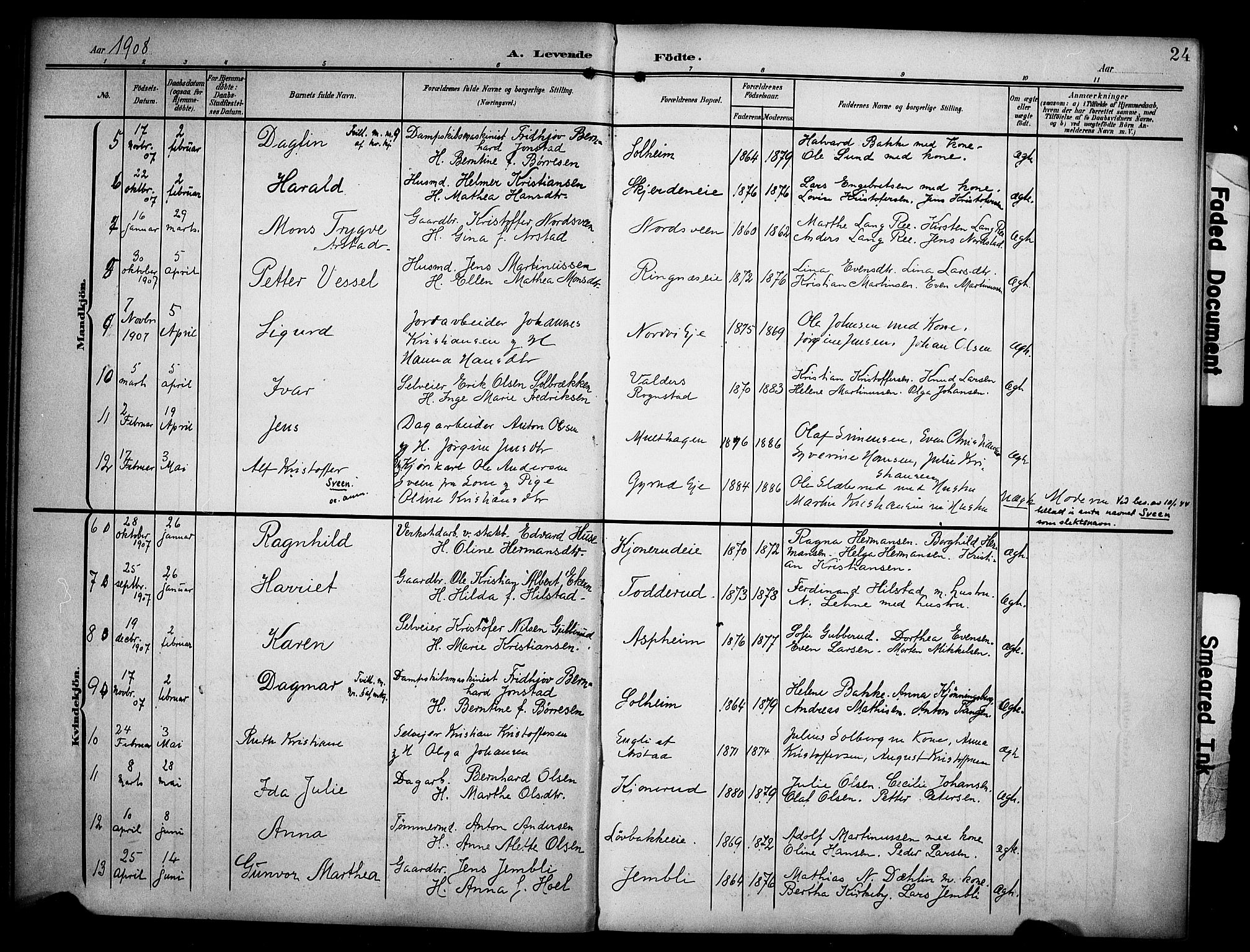 Stange prestekontor, SAH/PREST-002/K/L0022: Parish register (official) no. 22, 1903-1914, p. 24