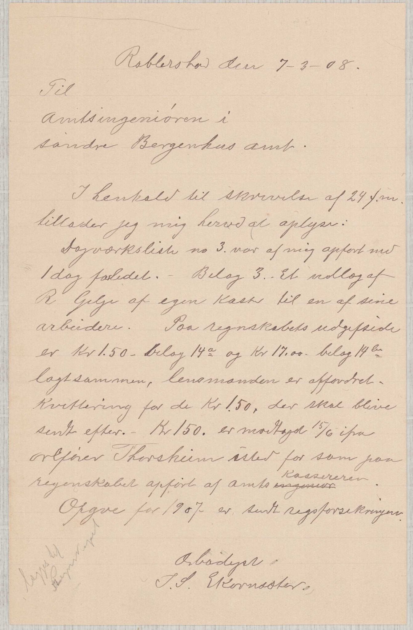 Finnaas kommune. Formannskapet, IKAH/1218a-021/E/Ea/L0002/0005: Rekneskap for veganlegg / Rekneskap for veganlegget Urangsvåg - Mælandsvåg, 1907-1909, p. 36