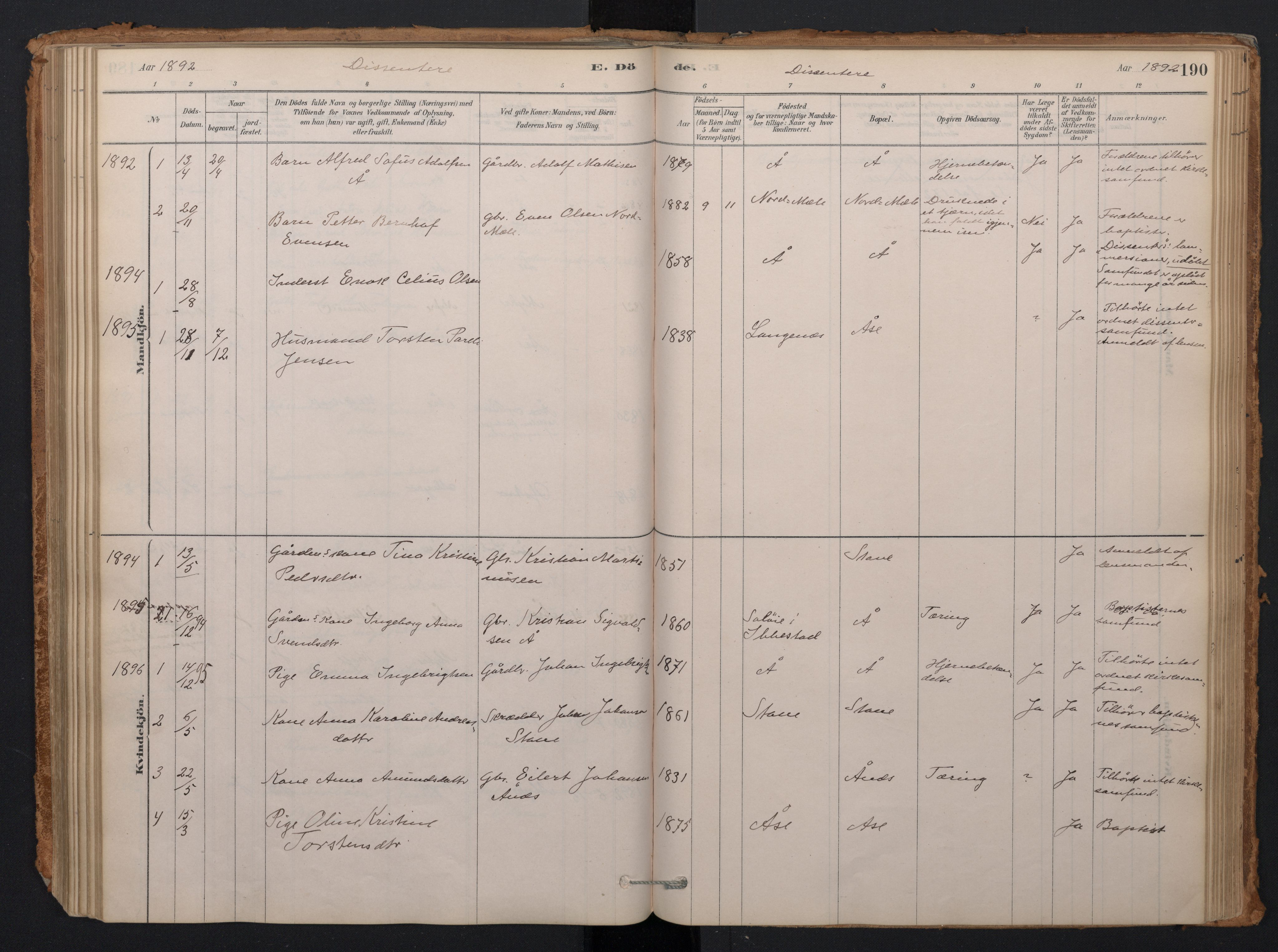 Ministerialprotokoller, klokkerbøker og fødselsregistre - Nordland, AV/SAT-A-1459/897/L1399: Parish register (official) no. 897A06, 1881-1896, p. 190