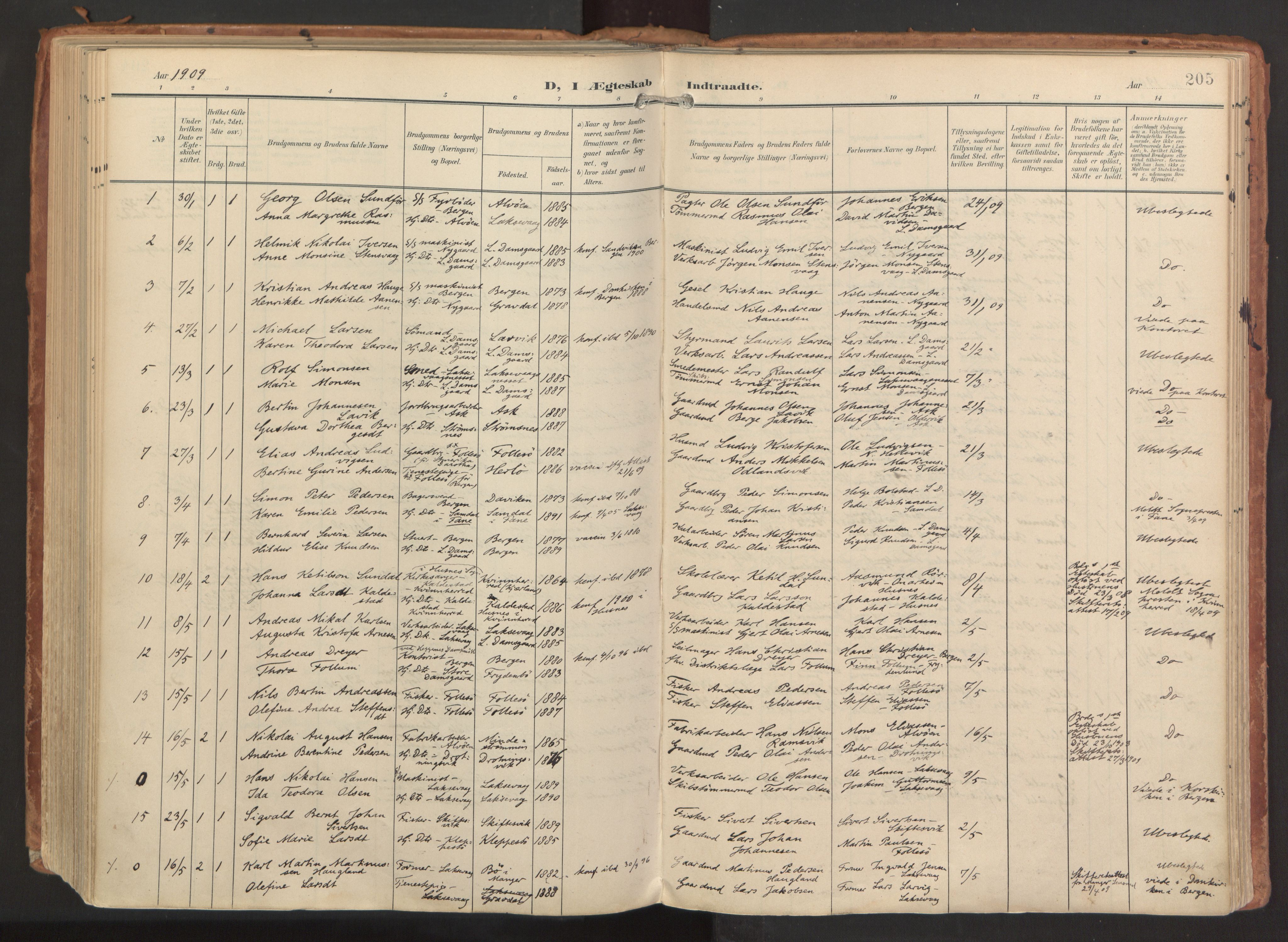 Laksevåg Sokneprestembete, SAB/A-76501/H/Ha/Haa/Haaa/L0001: Parish register (official) no. A 1, 1903-1917, p. 205