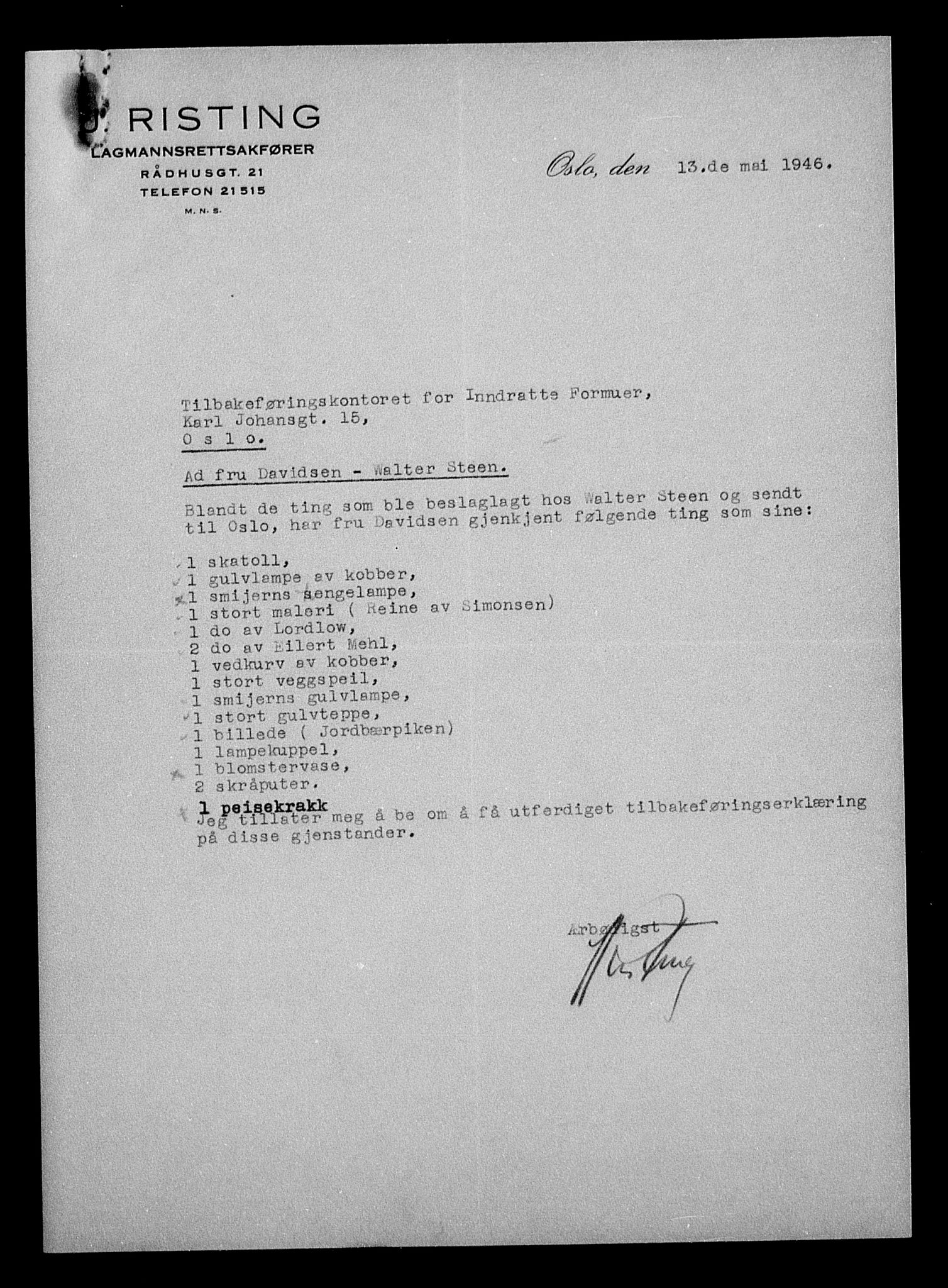 Justisdepartementet, Tilbakeføringskontoret for inndratte formuer, AV/RA-S-1564/H/Hc/Hcc/L0930: --, 1945-1947, p. 37