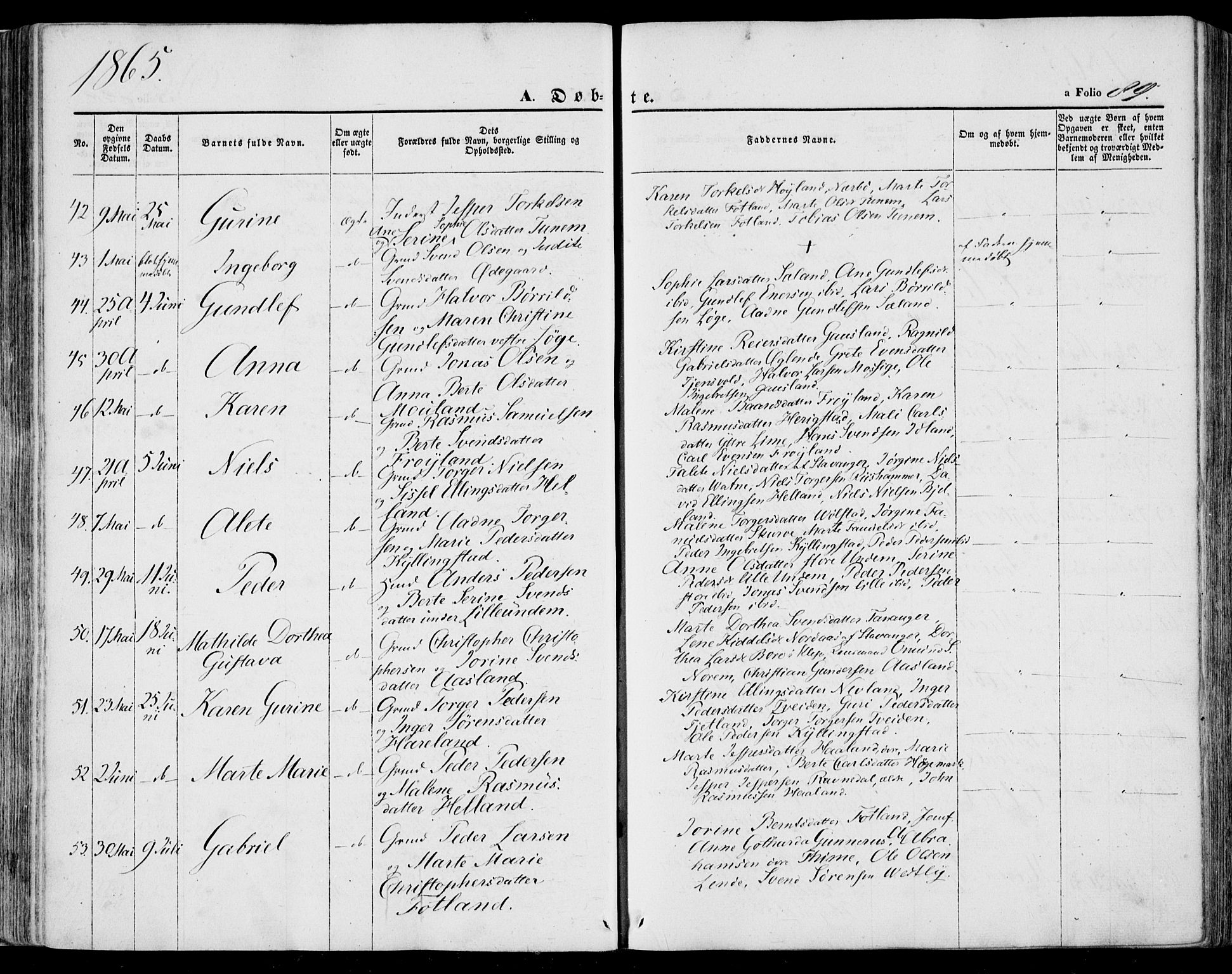 Lye sokneprestkontor, SAST/A-101794/001/30BA/L0007: Parish register (official) no. A 6, 1856-1871, p. 89