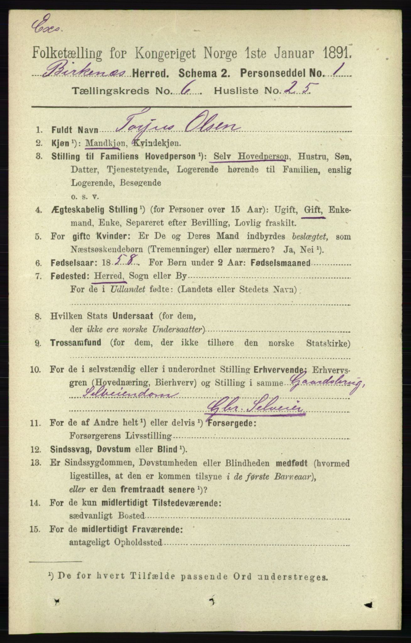 RA, Census 1891 for Nedenes amt: Gjenparter av personsedler for beslektede ektefeller, menn, 1891, p. 899