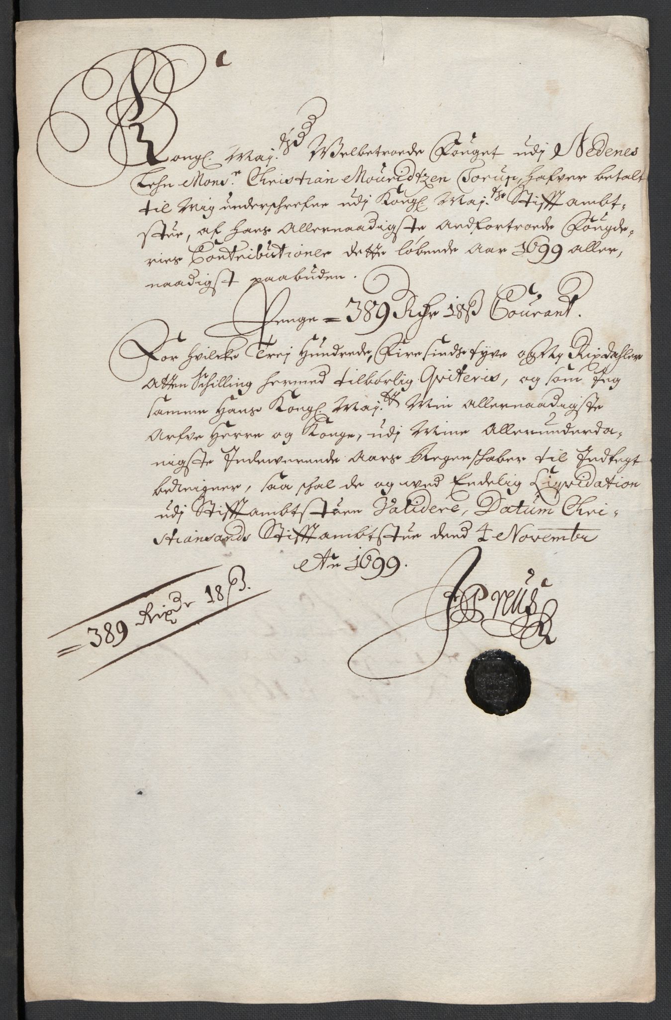 Rentekammeret inntil 1814, Reviderte regnskaper, Fogderegnskap, AV/RA-EA-4092/R39/L2314: Fogderegnskap Nedenes, 1698-1699, p. 287