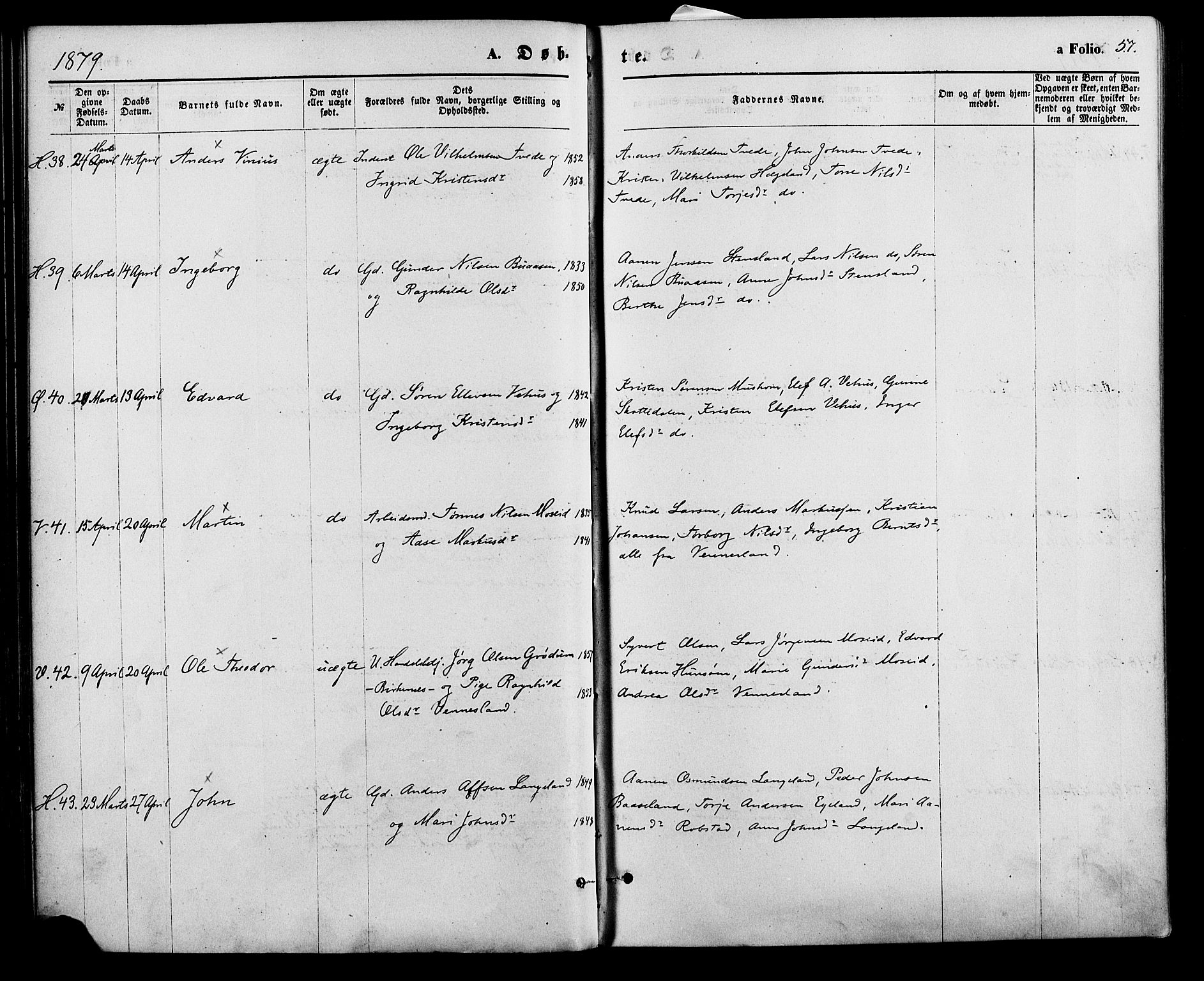 Vennesla sokneprestkontor, AV/SAK-1111-0045/Fa/Fac/L0008: Parish register (official) no. A 8, 1874-1883, p. 57