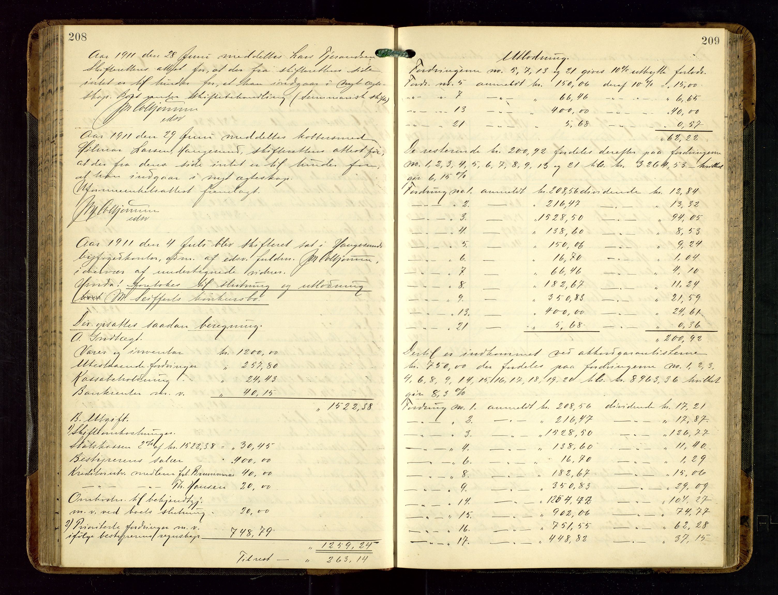 Haugesund tingrett, AV/SAST-A-101415/01/IV/IVD/L0002: Skifteutlodningsprotokoll, med register, 1904-1915, p. 208-209