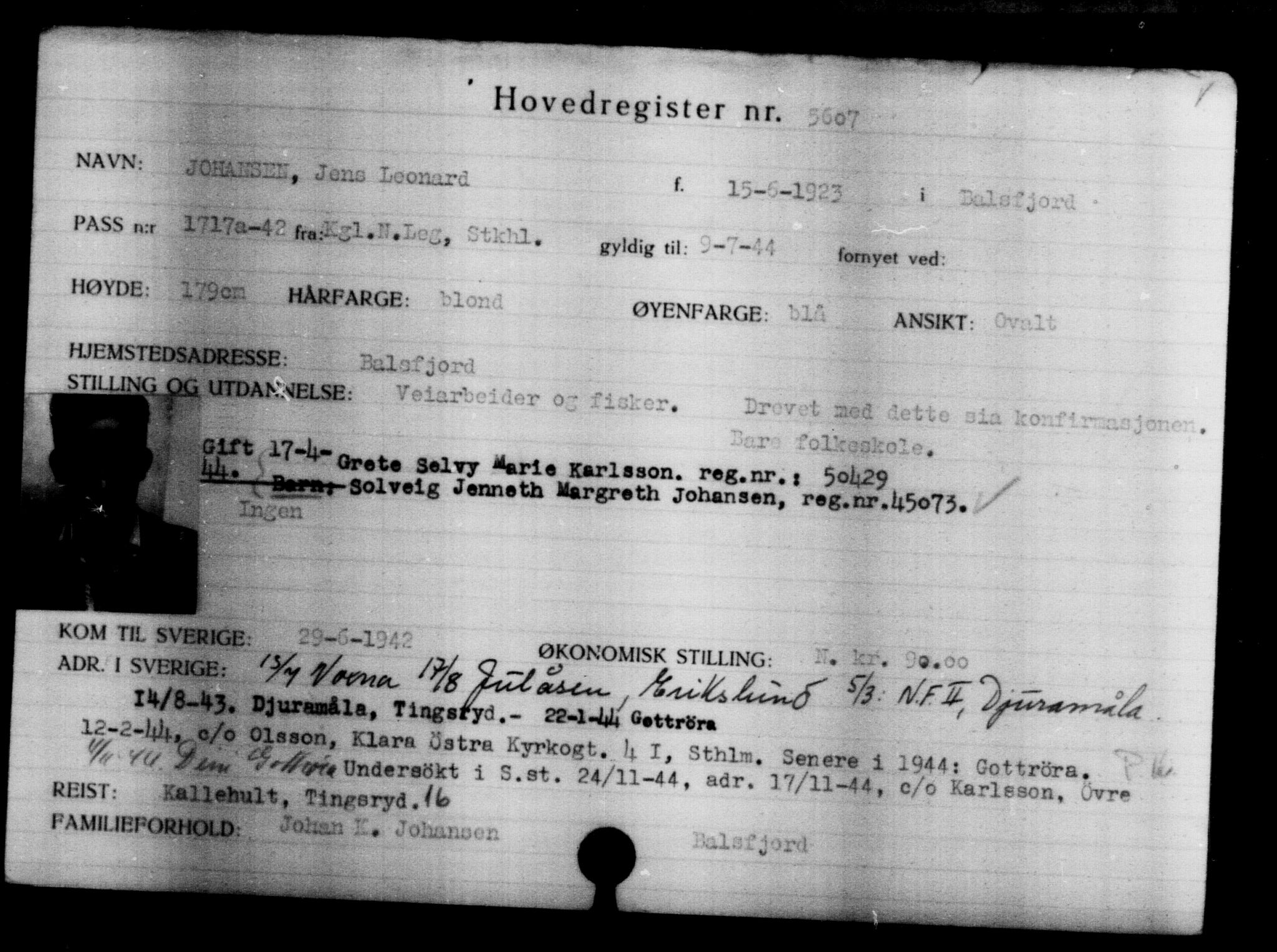 Utenriksstasjonene, Legasjonen i Stockholm, Flyktningkontoret, AV/RA-S-6753/V/Va/L0004: Kjesäterkartoteket, flyktninger med registreringsnr. 3496-6610, 1940-1945, p. 2447