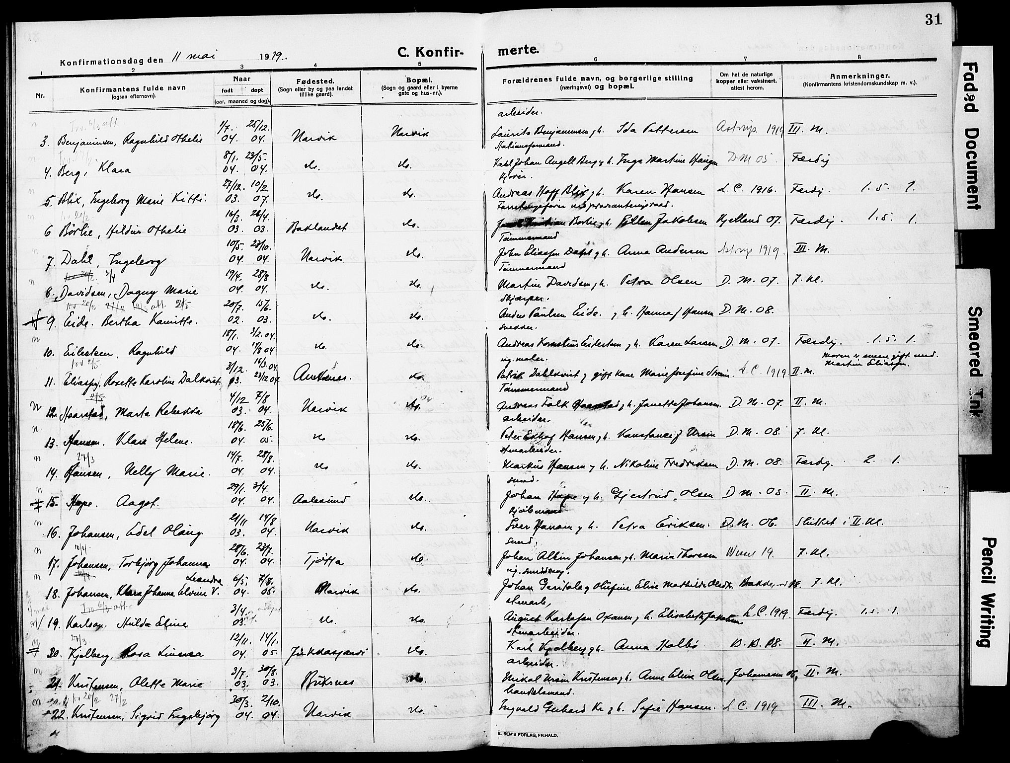 Ministerialprotokoller, klokkerbøker og fødselsregistre - Nordland, AV/SAT-A-1459/871/L0989: Parish register (official) no. 871A05, 1915-1922, p. 31