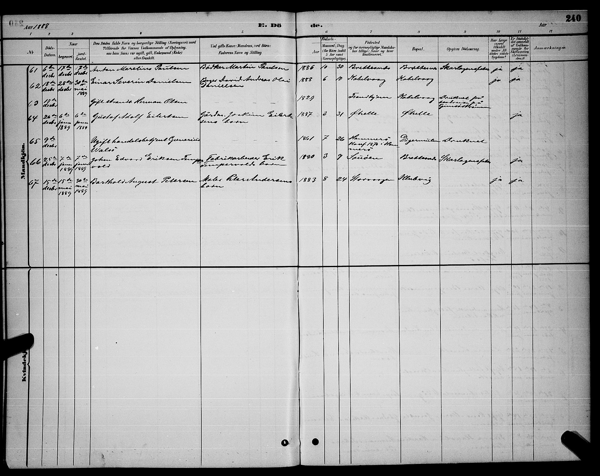 Ministerialprotokoller, klokkerbøker og fødselsregistre - Nordland, AV/SAT-A-1459/874/L1076: Parish register (copy) no. 874C05, 1884-1890, p. 240