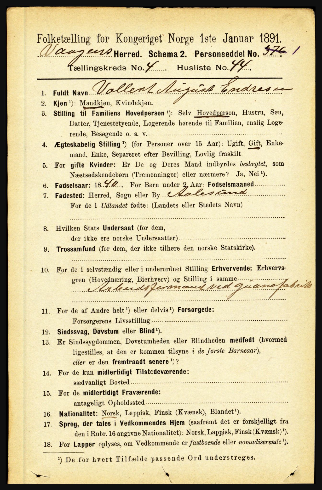 RA, 1891 census for 1865 Vågan, 1891, p. 1316