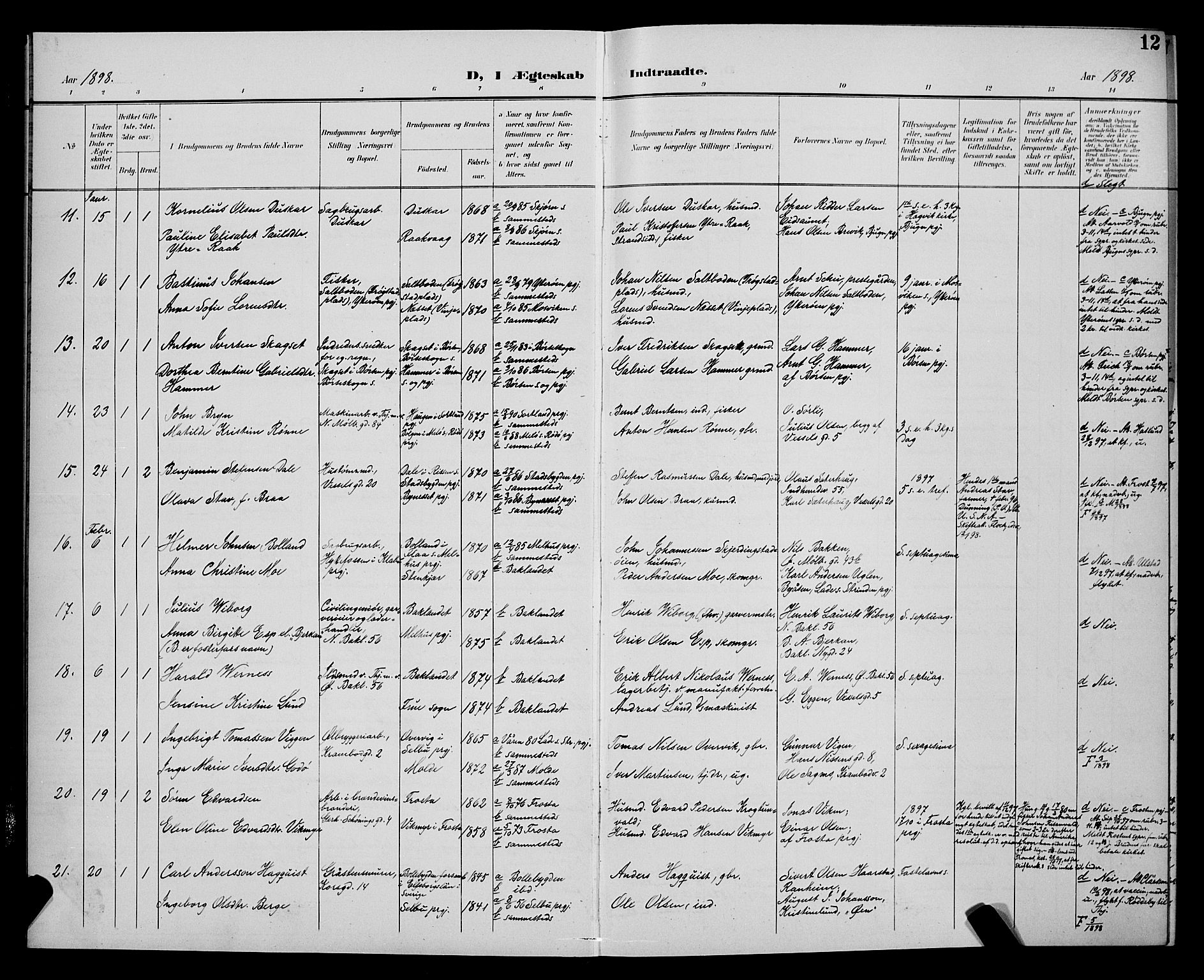 Ministerialprotokoller, klokkerbøker og fødselsregistre - Sør-Trøndelag, SAT/A-1456/604/L0226: Parish register (copy) no. 604C09, 1897-1900, p. 12