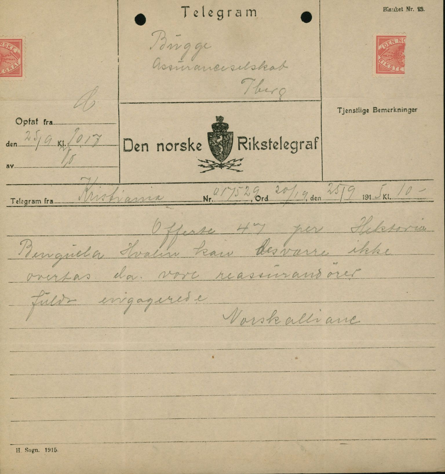 Pa 664 - Tønsberg Sjøforsikringsselskap, VEMU/A-1773/D/Da/L0001: Mai - November
Oscar Aalborg, 1915