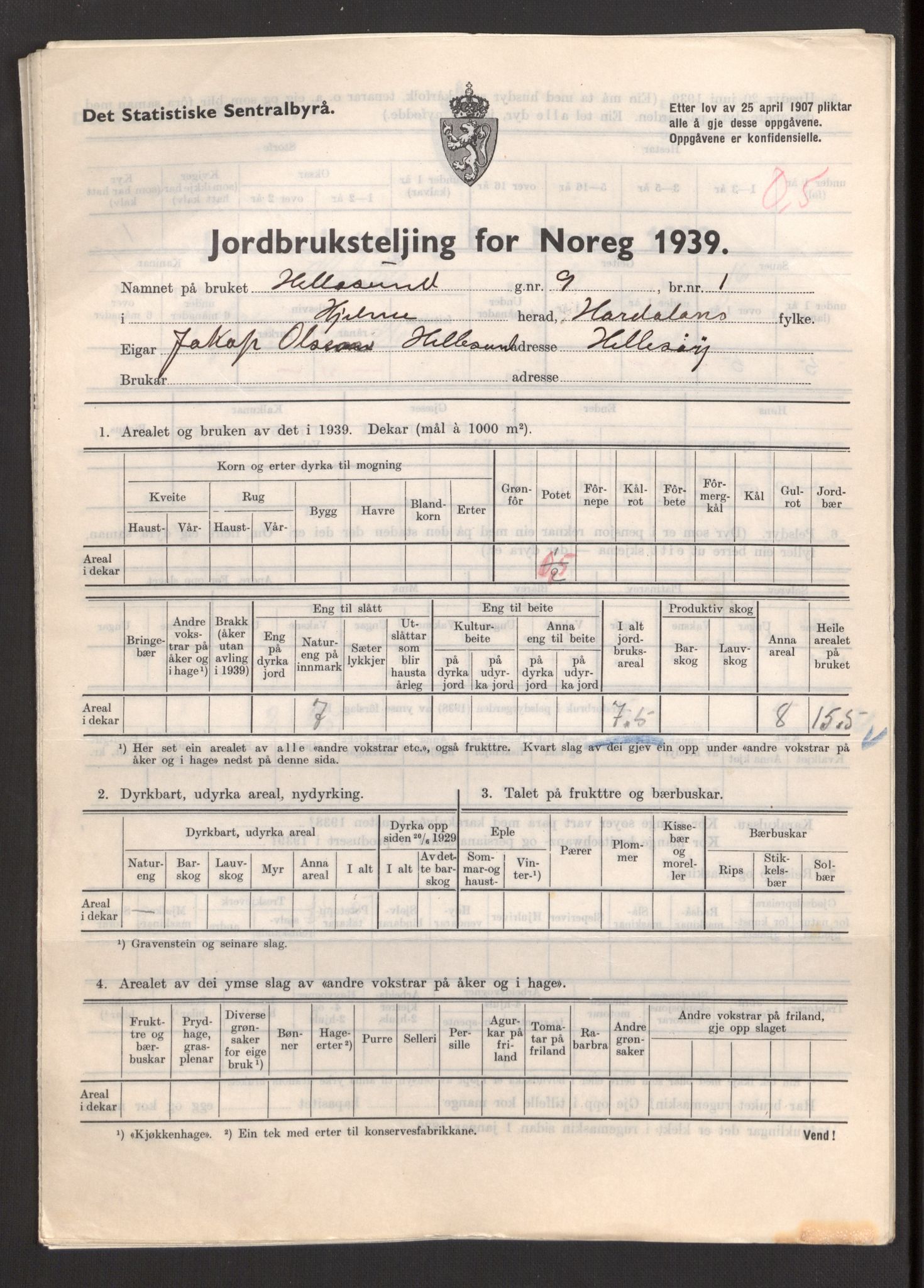 Statistisk sentralbyrå, Næringsøkonomiske emner, Jordbruk, skogbruk, jakt, fiske og fangst, AV/RA-S-2234/G/Gb/L0211: Hordaland: Herdla, Hjelme og Manger, 1939, p. 1195