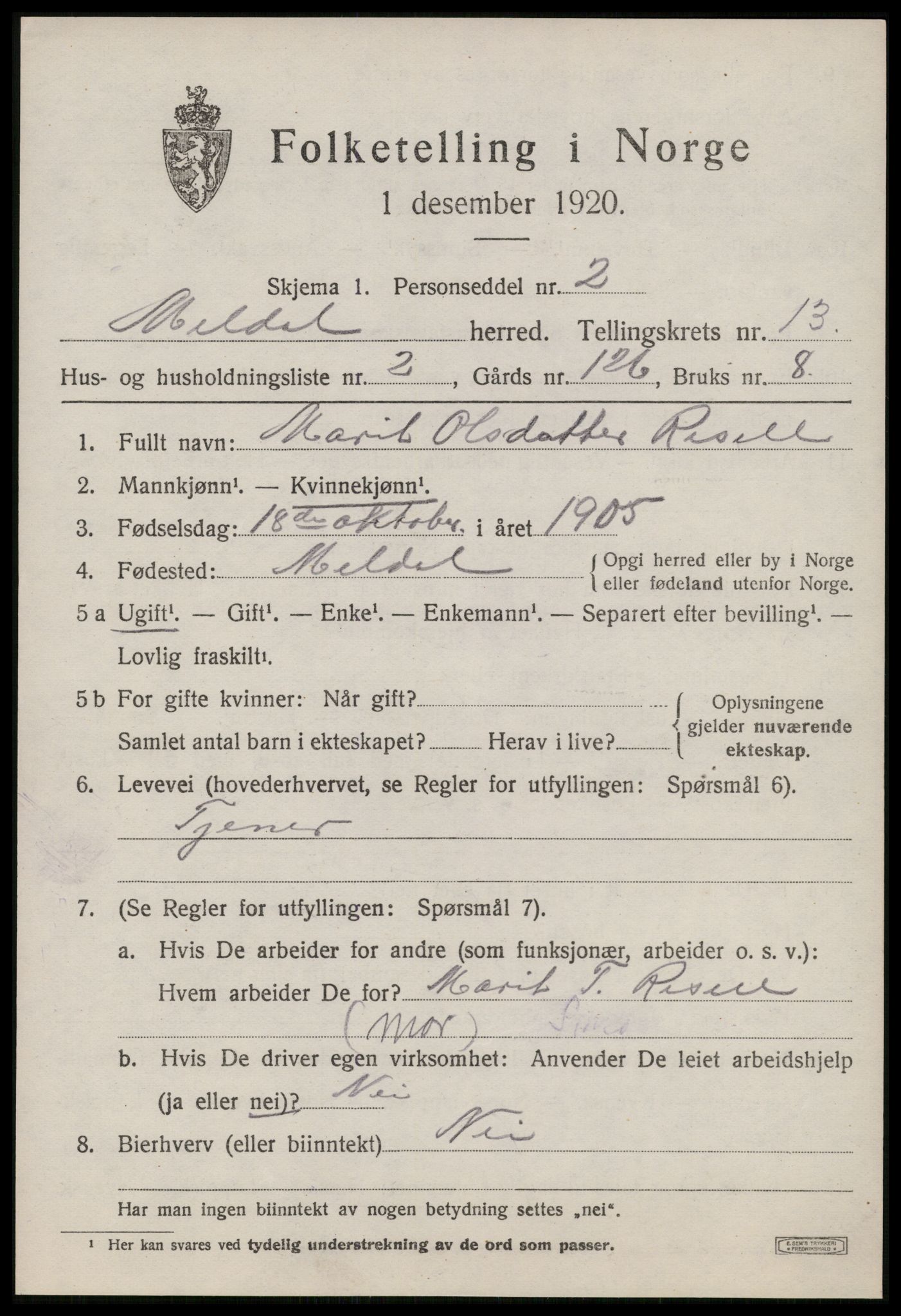 SAT, 1920 census for Meldal, 1920, p. 9473