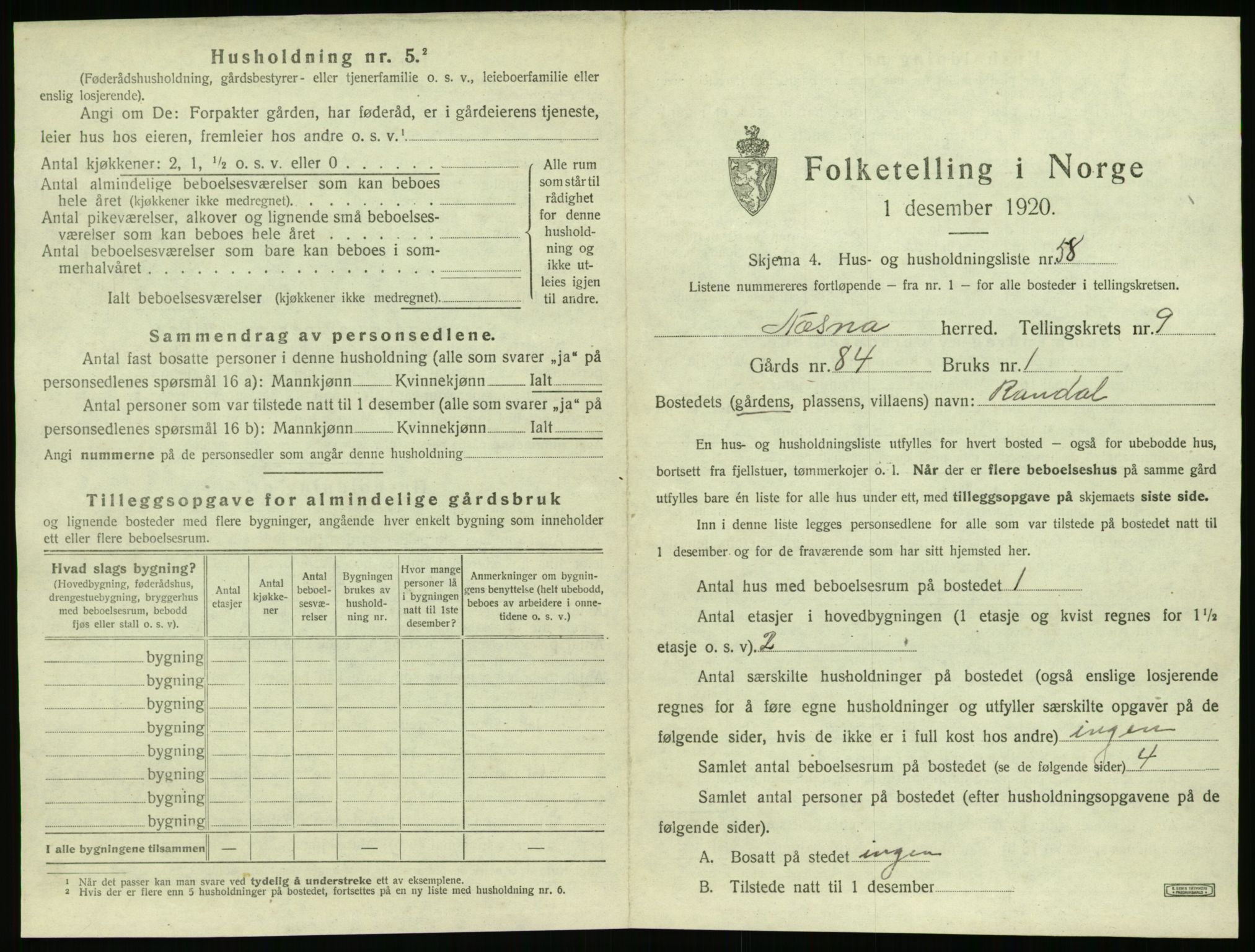 SAT, 1920 census for Nesna, 1920, p. 1183