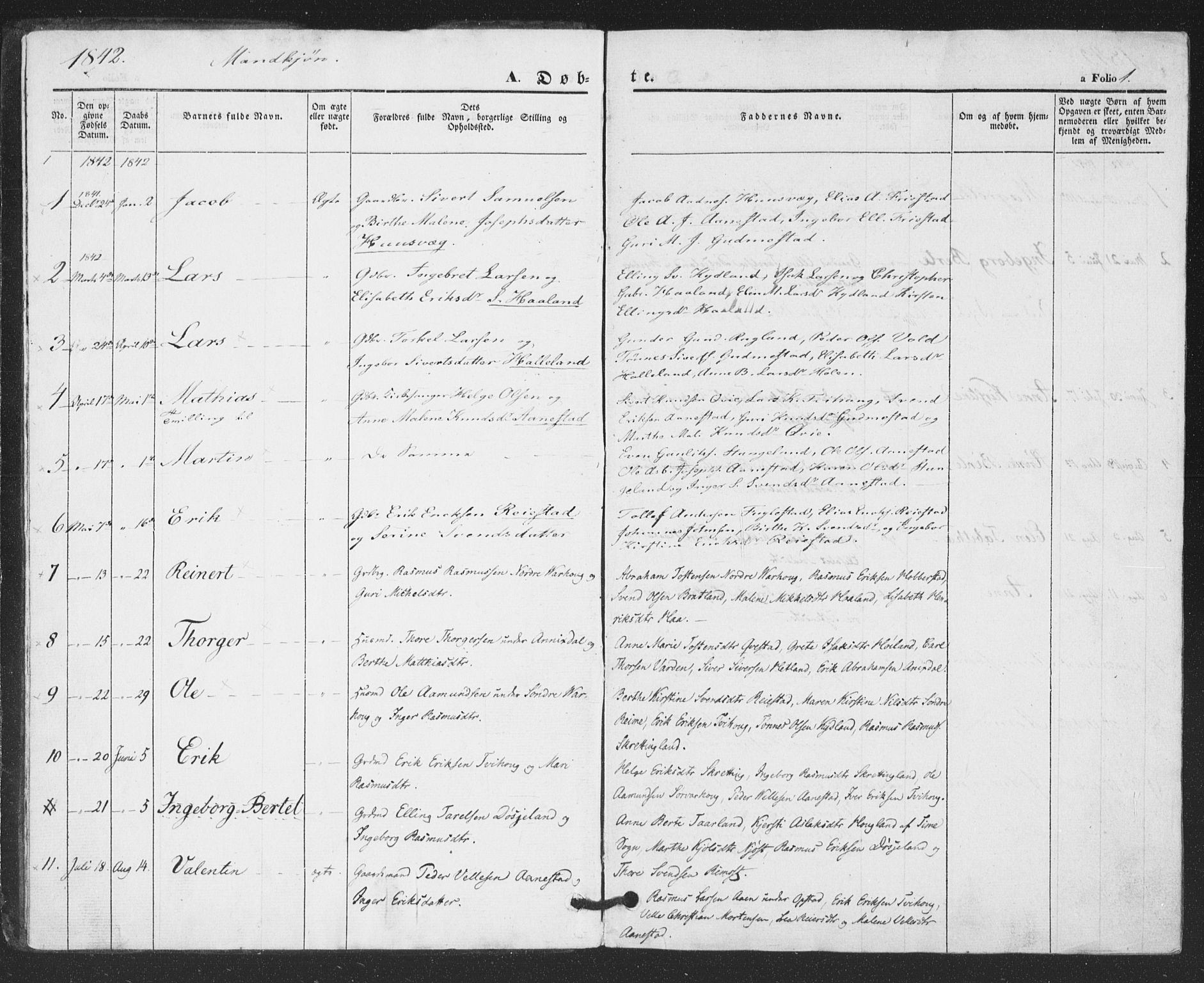 Hå sokneprestkontor, SAST/A-101801/001/30BA/L0007: Parish register (official) no. A 6, 1842-1855, p. 1