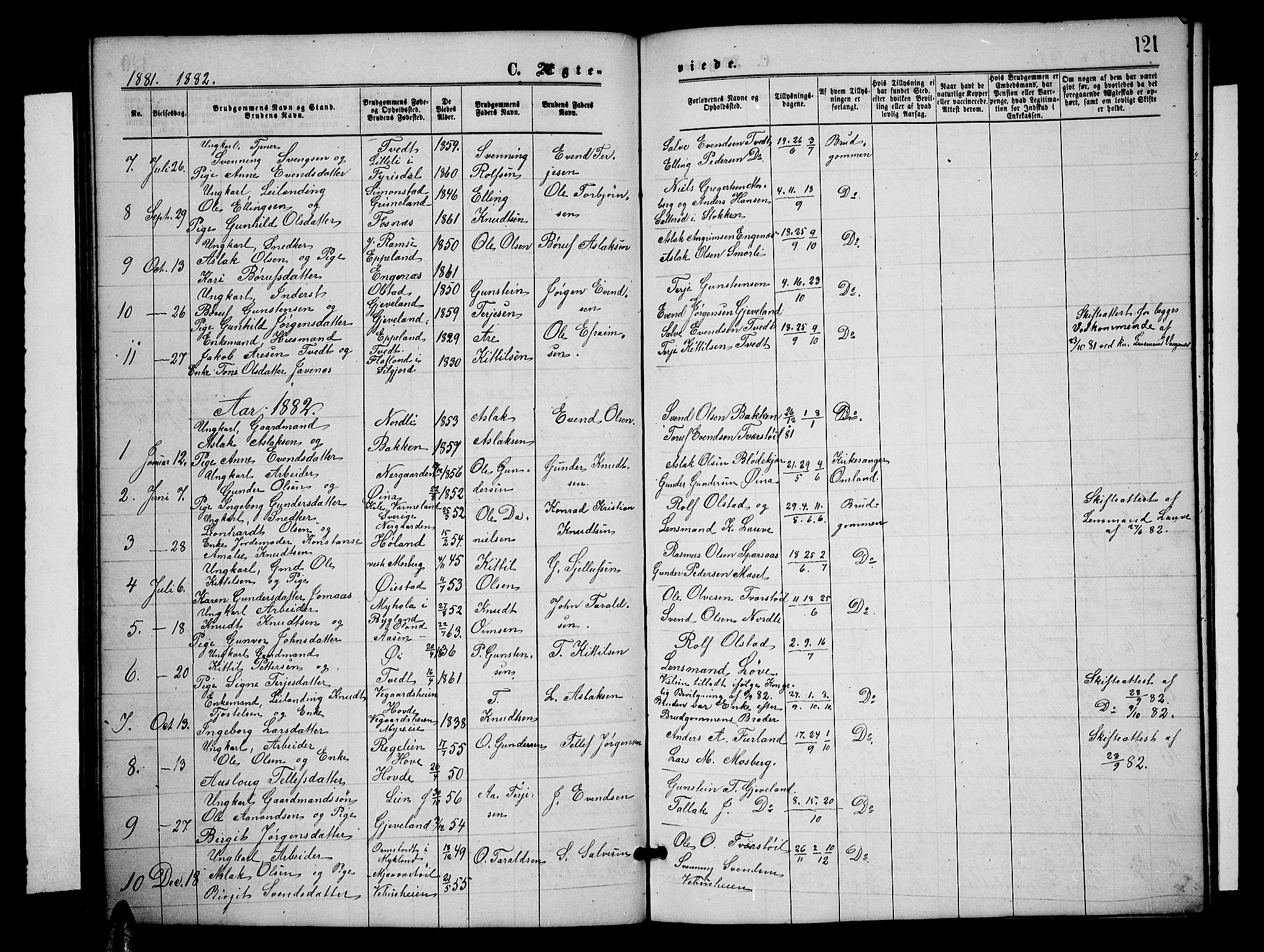 Åmli sokneprestkontor, SAK/1111-0050/F/Fb/Fbc/L0003: Parish register (copy) no. B 3, 1868-1888, p. 121